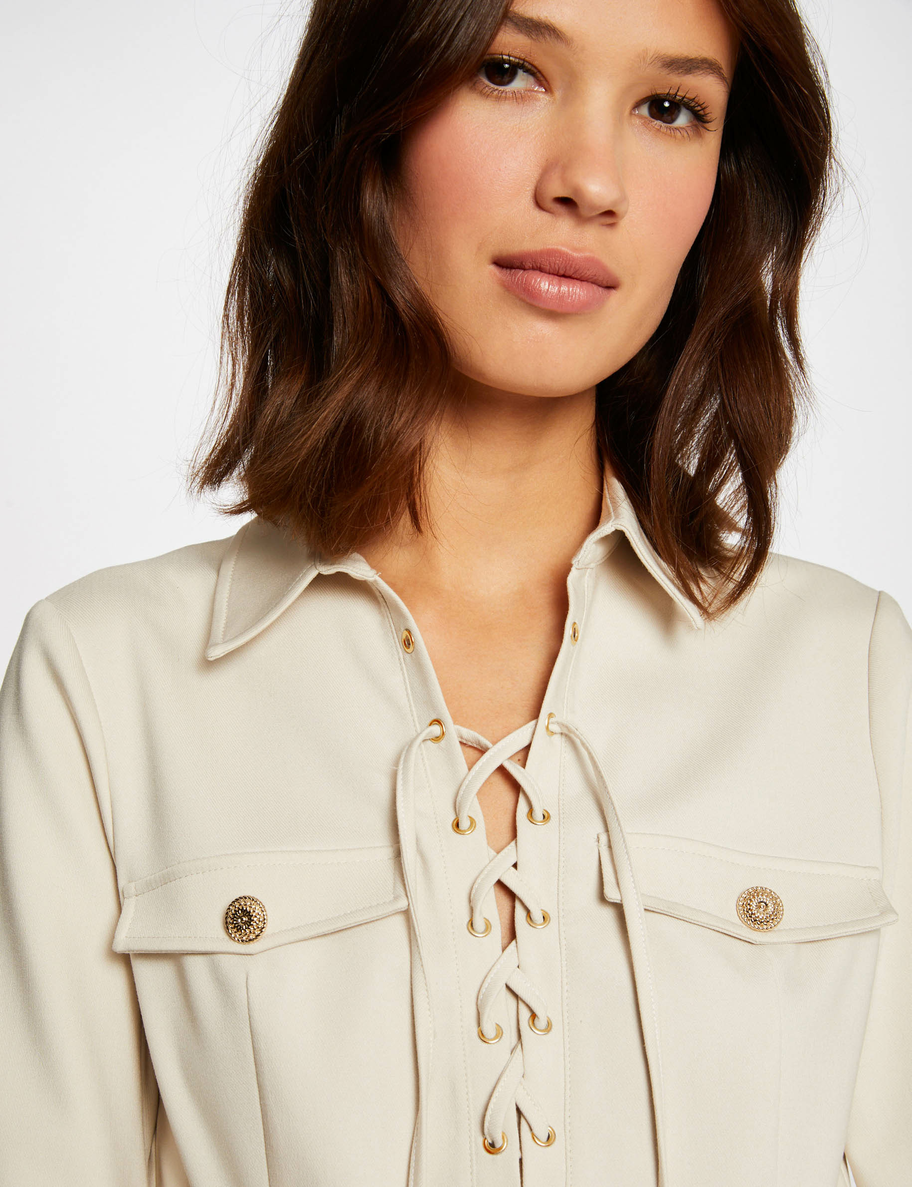 Robe droite avec col à laçage beige femme