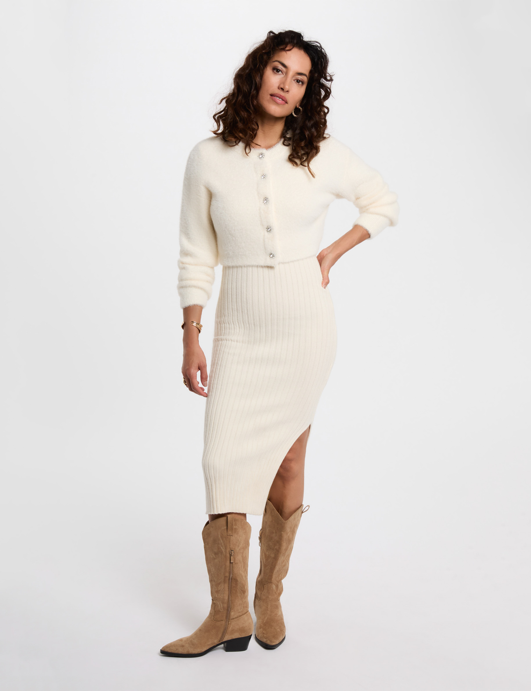 Robe tricot cintr&eacute;e ivoire femme