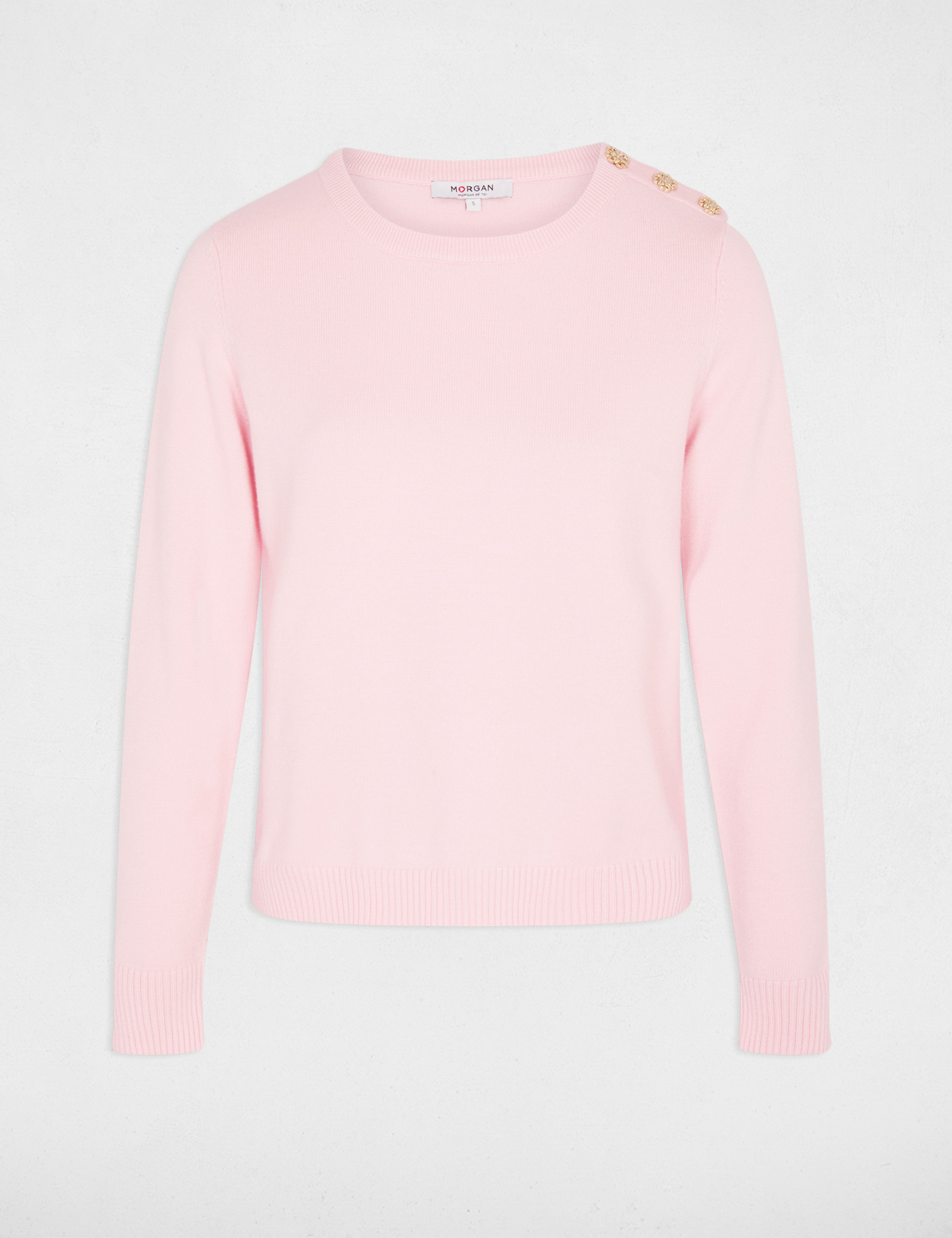 Pull col rond boutons rose clair femme