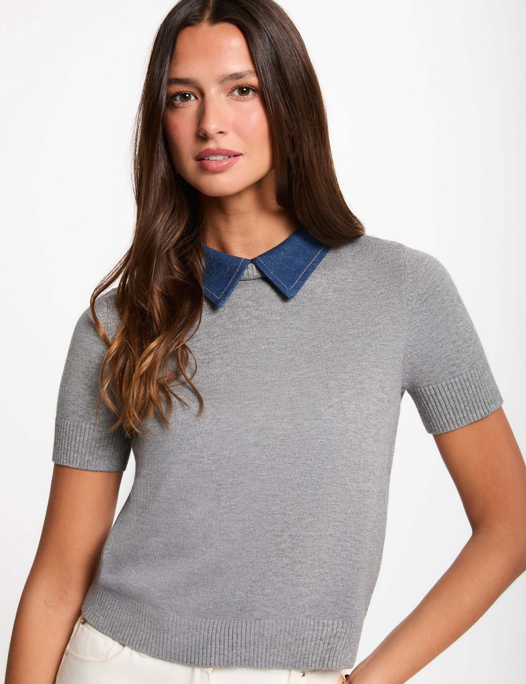 Pull col &agrave; revers gris clair femme