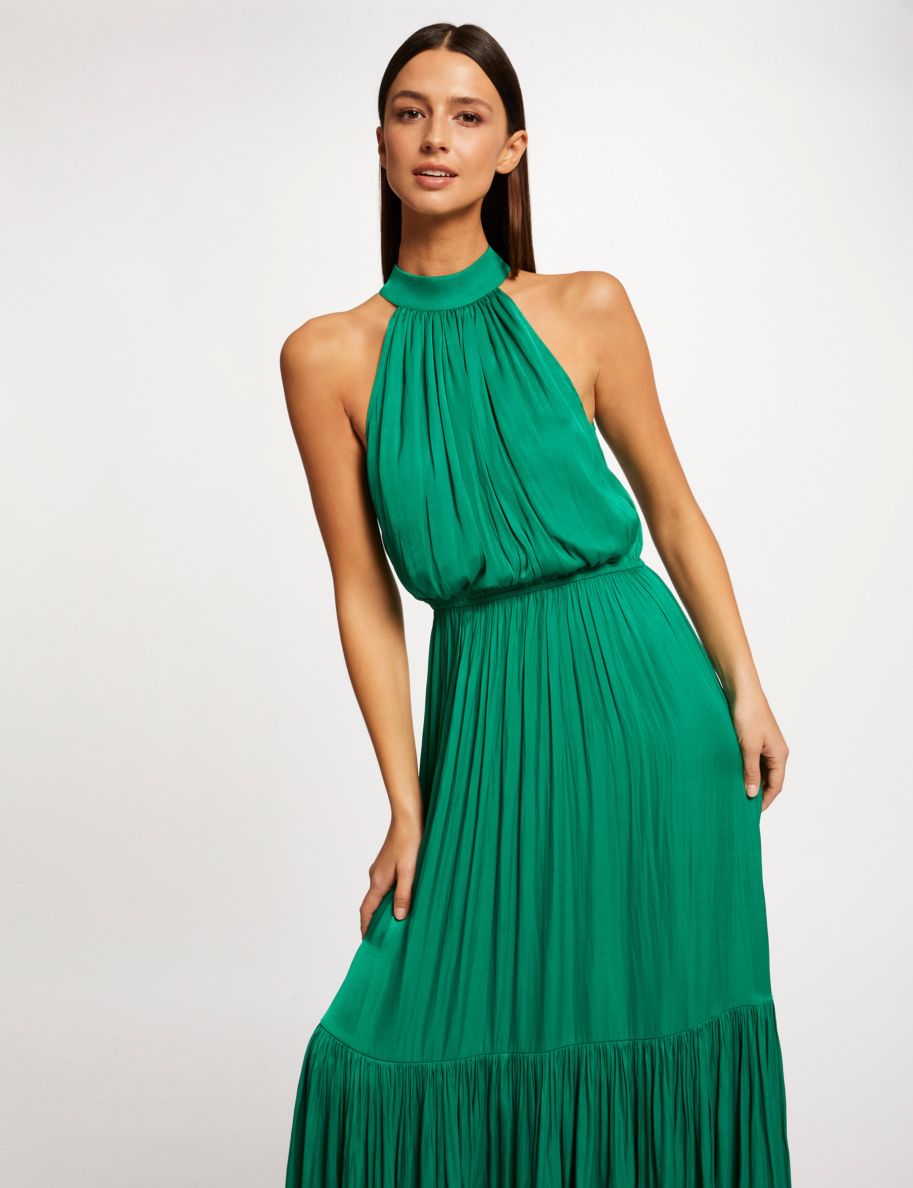 Robe longue évasée fluide vert femme