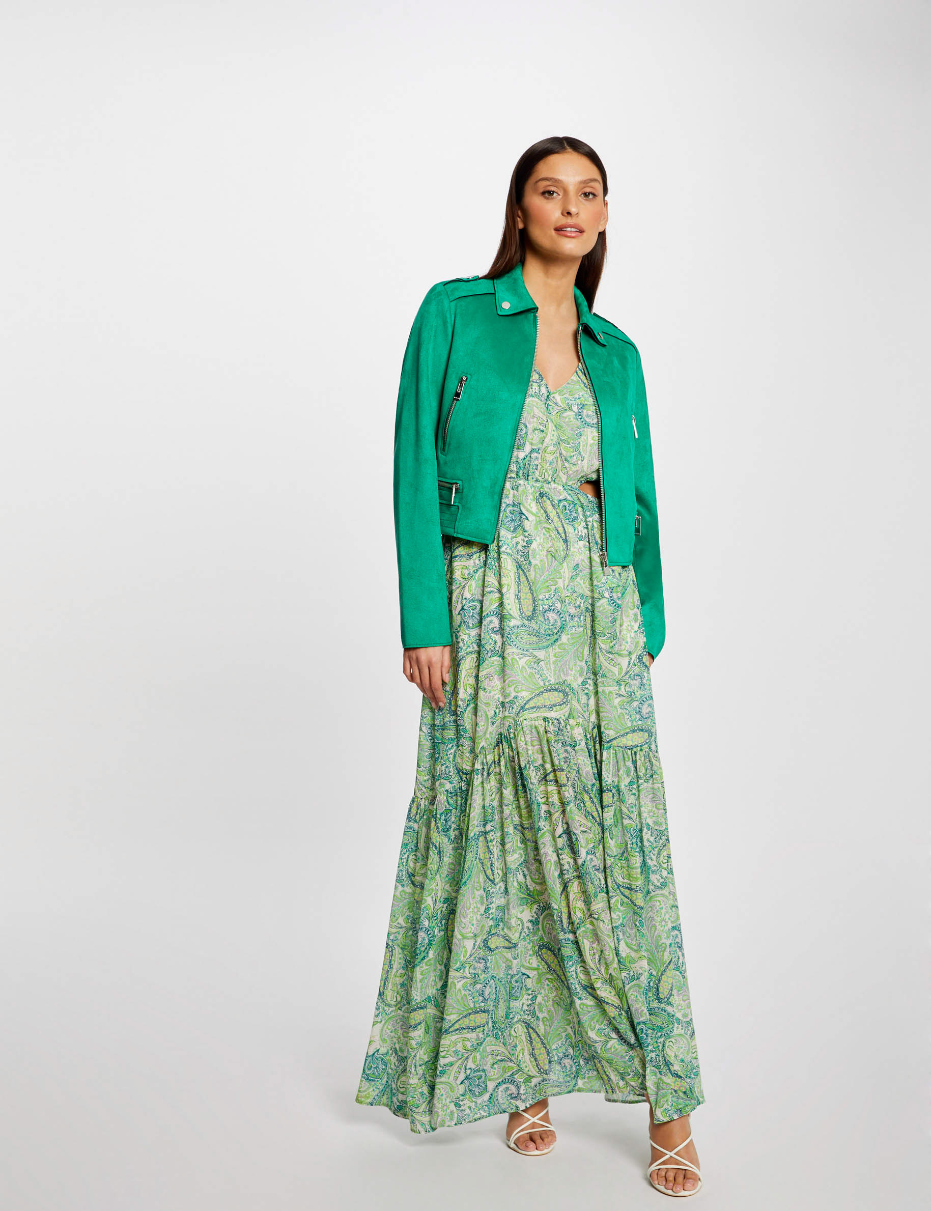 blouson droit aspect suedine vert clair femme Blouson droit aspect suédine vert clair femme