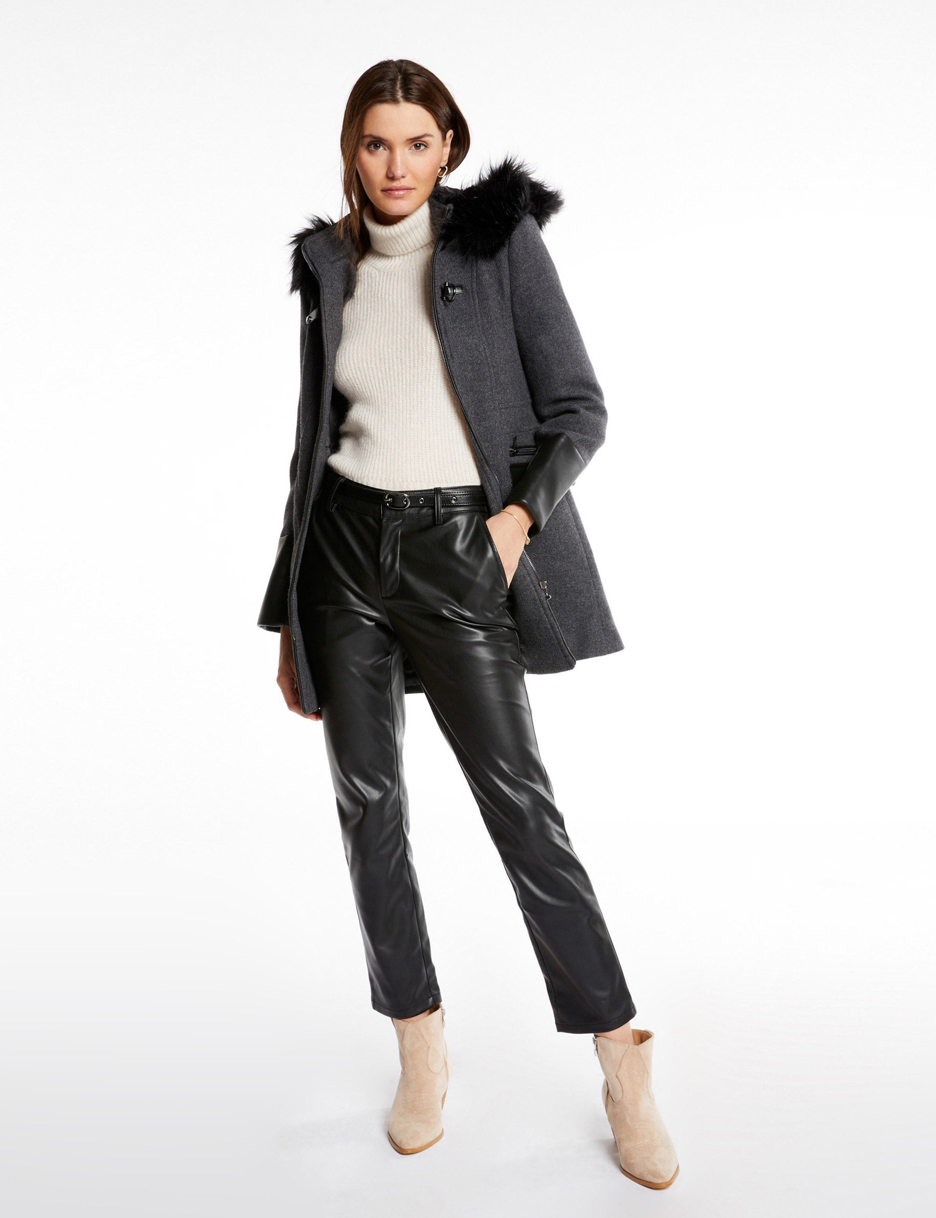 manteau droit zippe a capuche gris anthracite femme Manteau droit zippé à capuche gris anthracite femme