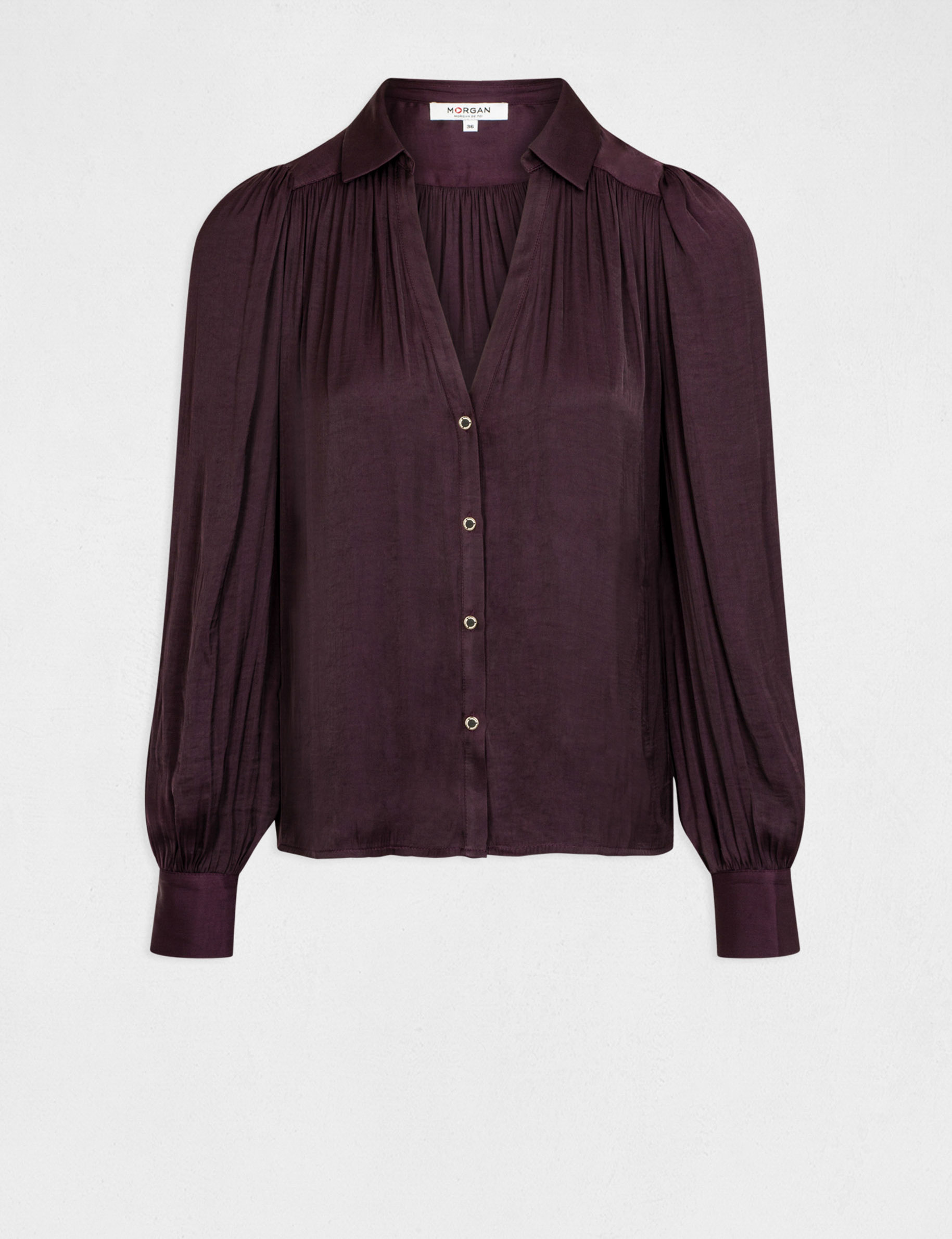 Chemise manches longues satin prune femme