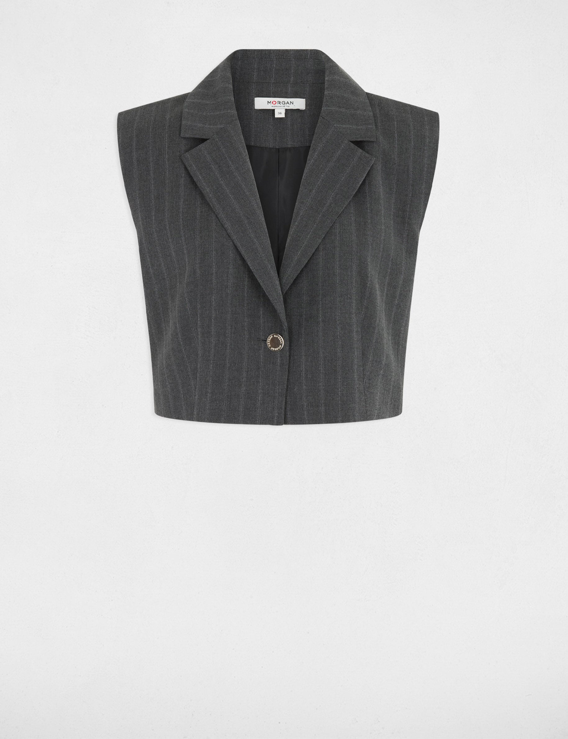 Gilet ray&eacute; sans manches denim gris fonce femme