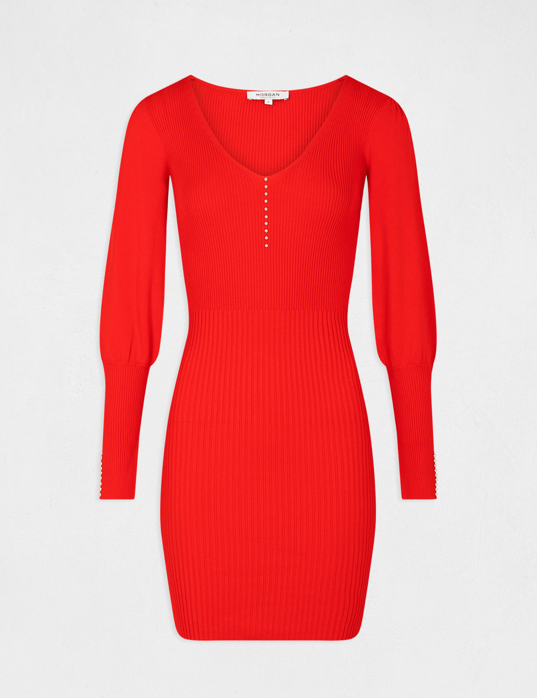 Robe pull ajustée avec col en V rouge femme | Morgan