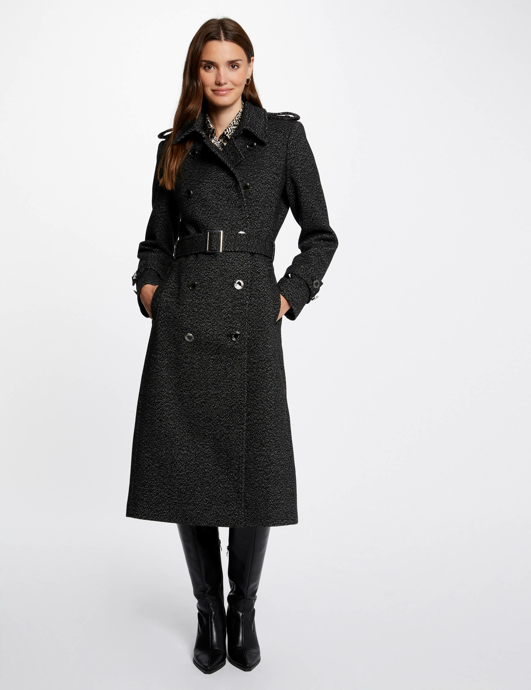 Manteau long ceinturé à boutons gris moyen femme