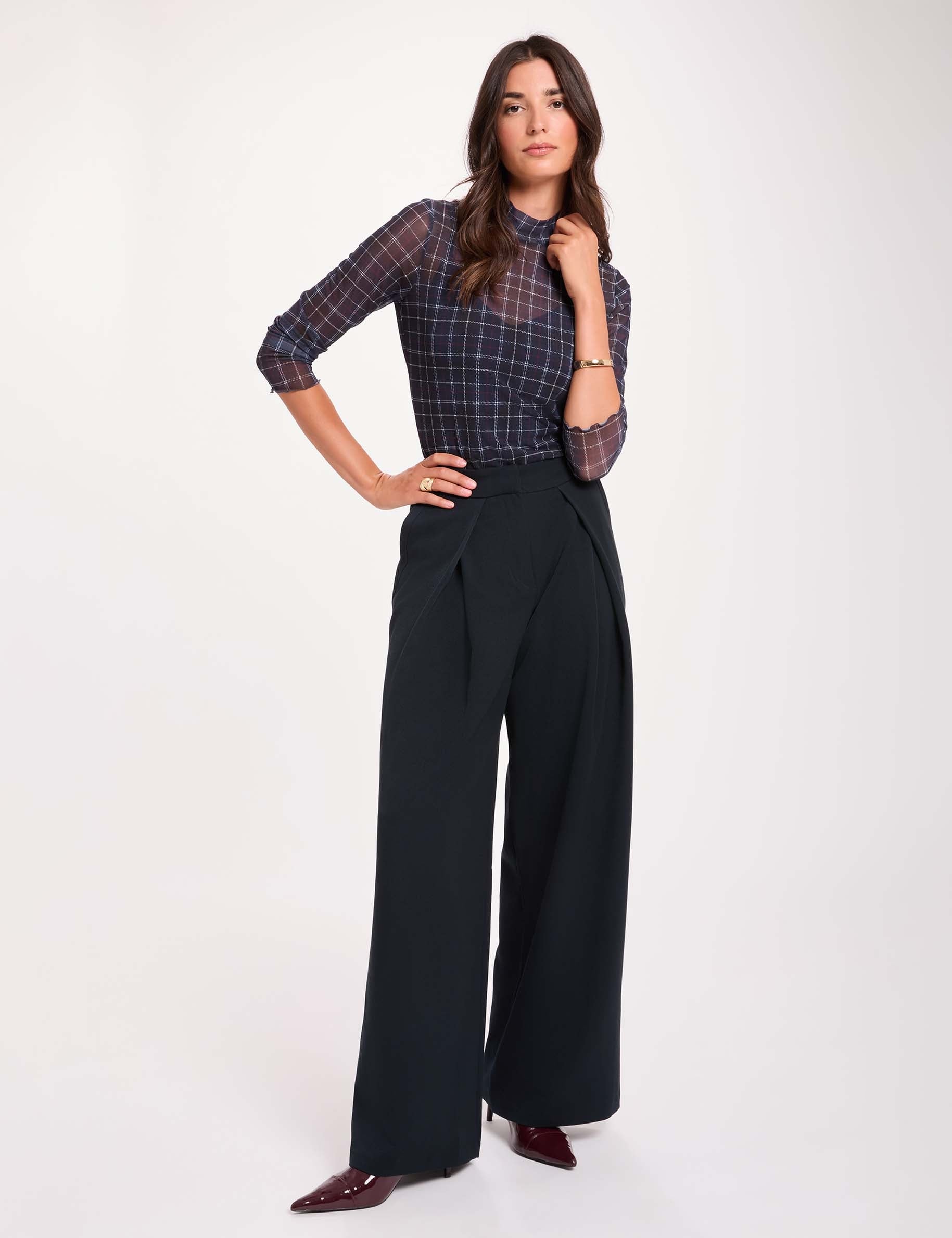 Pantalon large &agrave; plis bleu marine femme