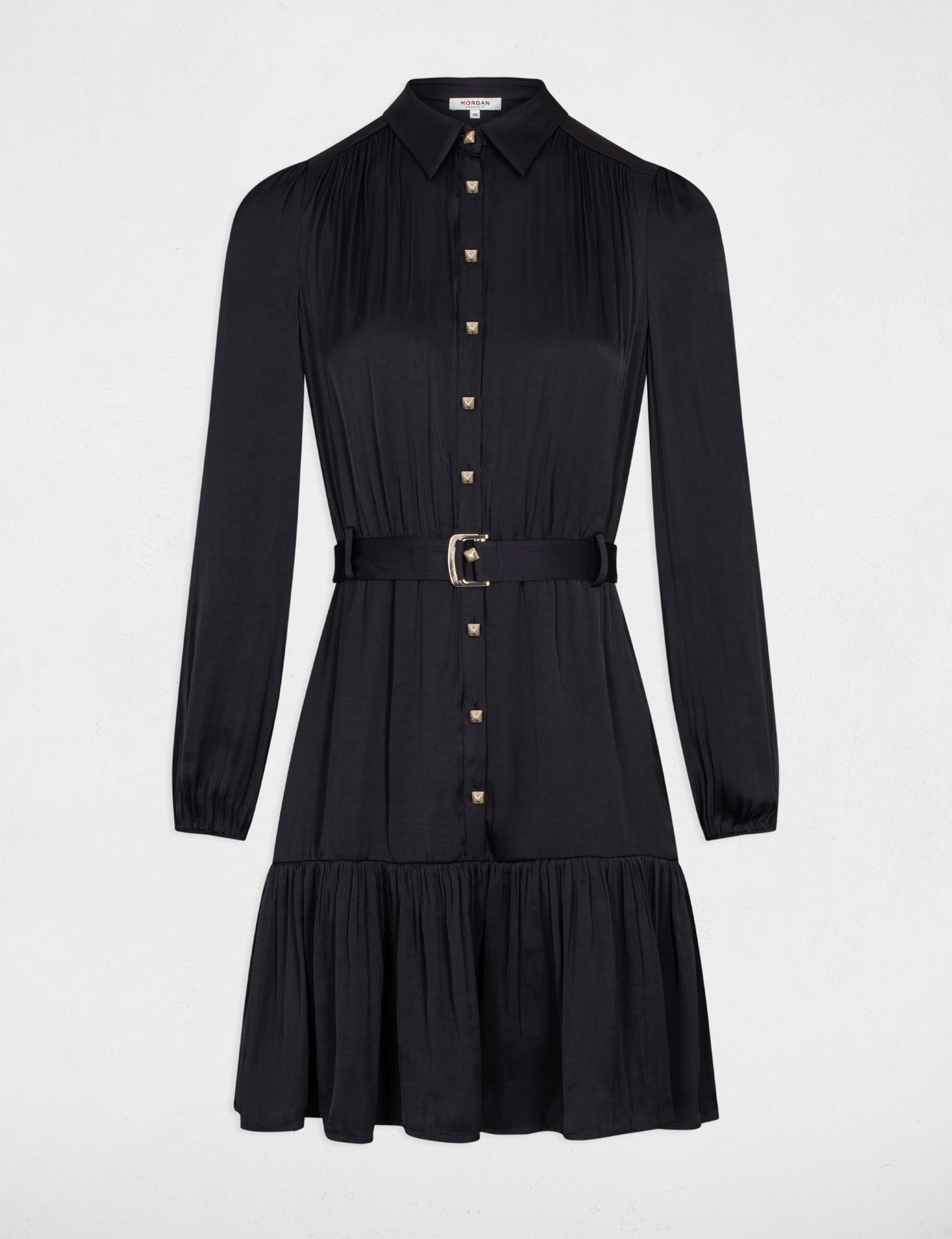 Robe trapèze satin ceinturée marine femme