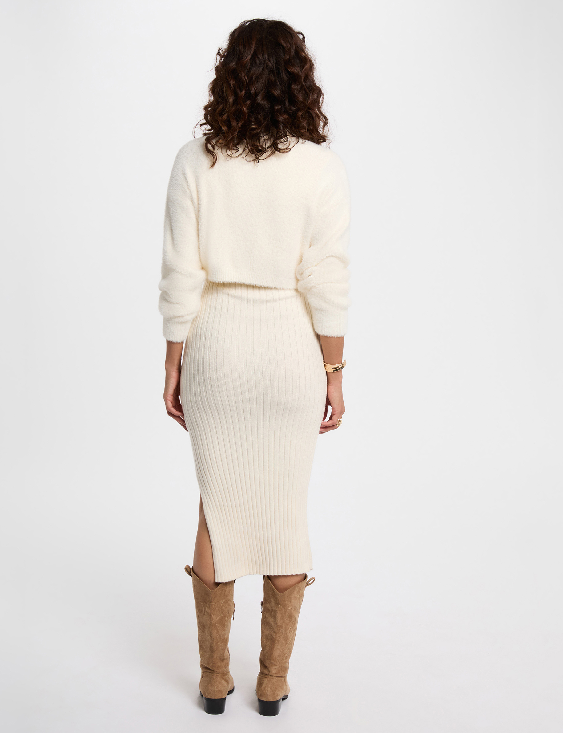 Robe tricot cintr&eacute;e ivoire femme