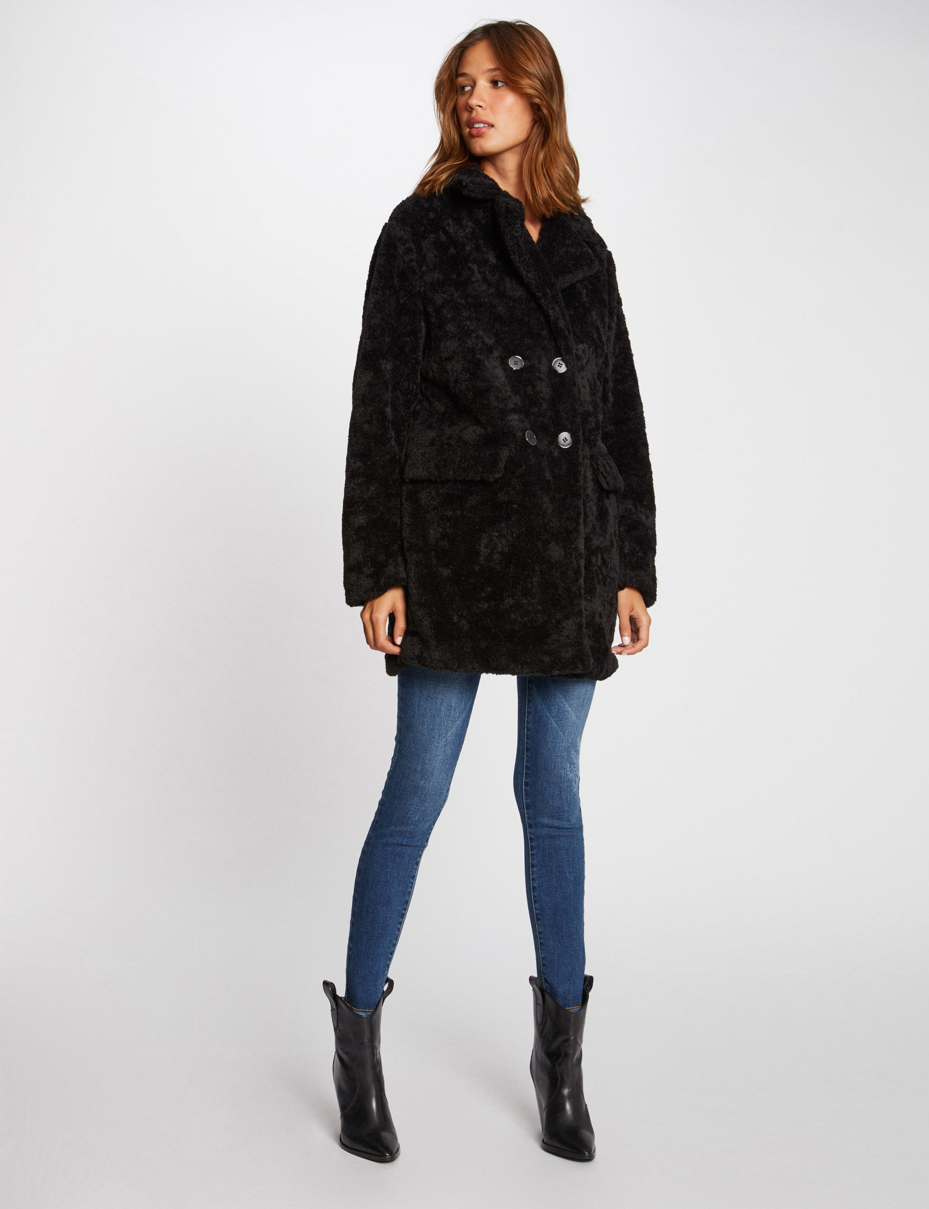 Manteau droit imitation fourrure noir femme Manteau droit imitation fourrure noir femme