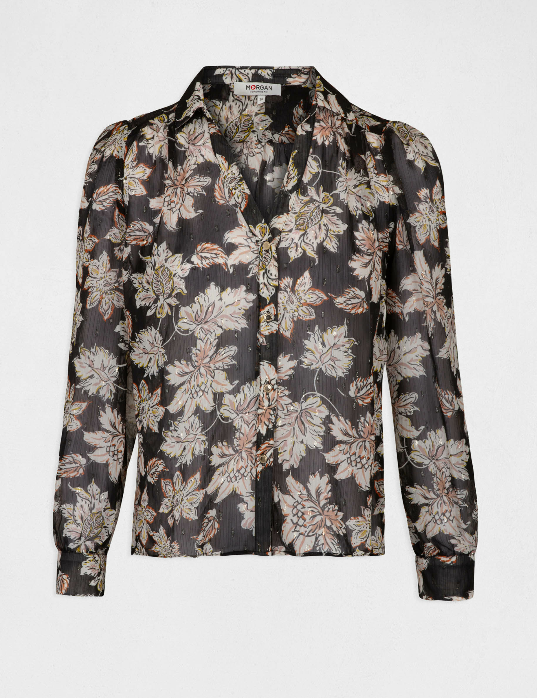 Chemise Manches Longues MORGAN Motif Floral Avec écharpe Noire - Taille M - Occasion