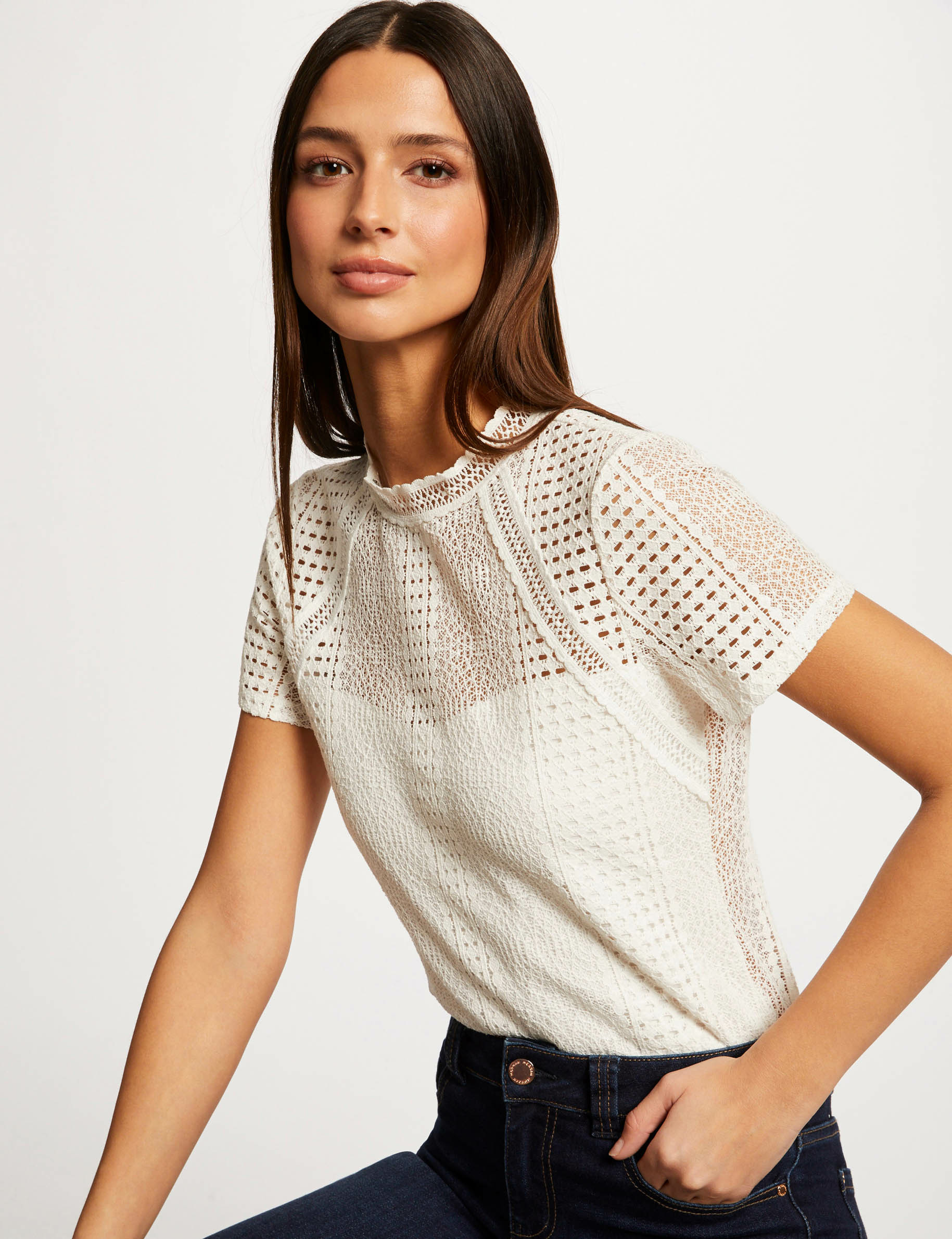 T-shirt manches courtes à dentelle ecru femme T-shirt manches courtes à dentelle ecru femme