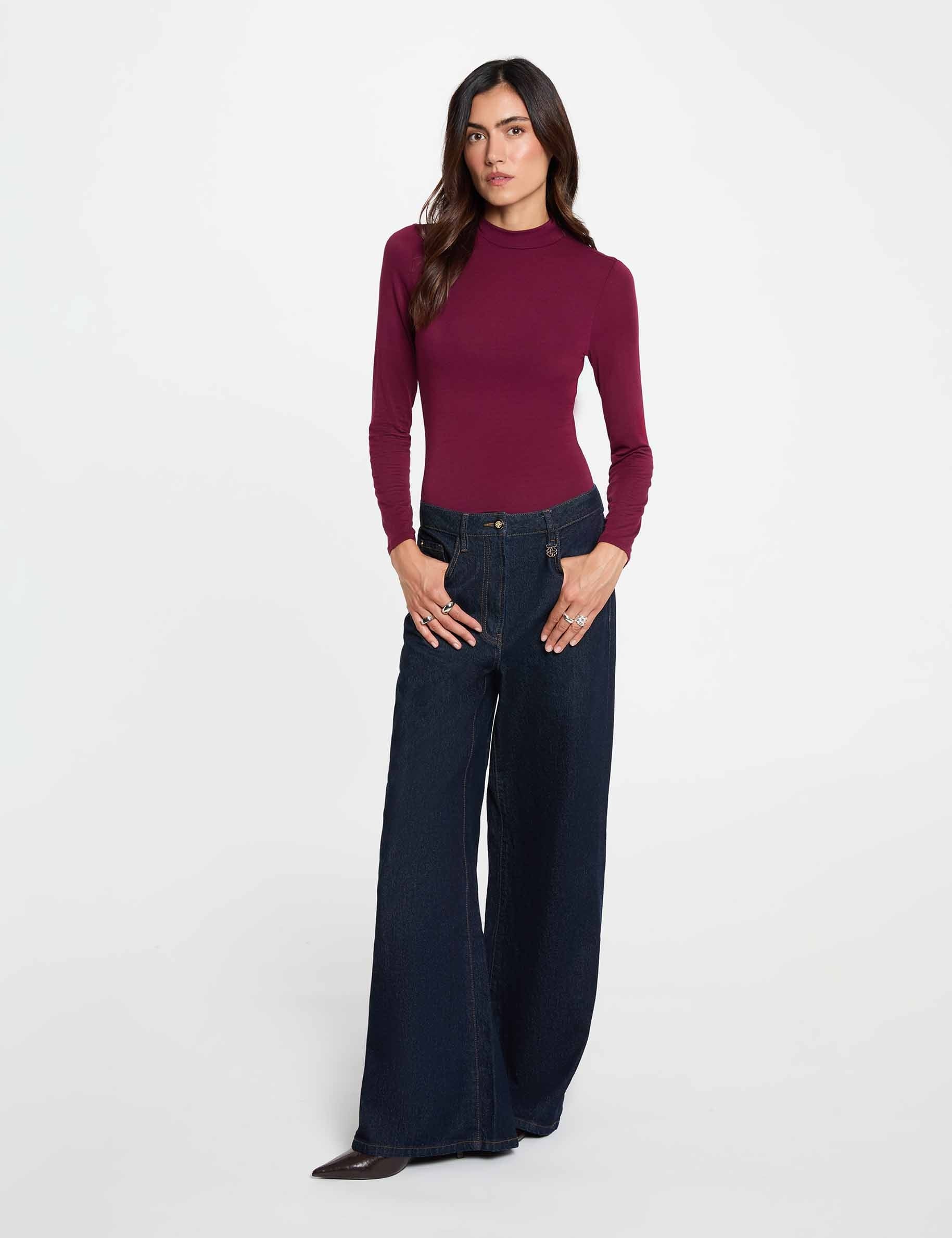 T-shirt col montant manches longues prune femme