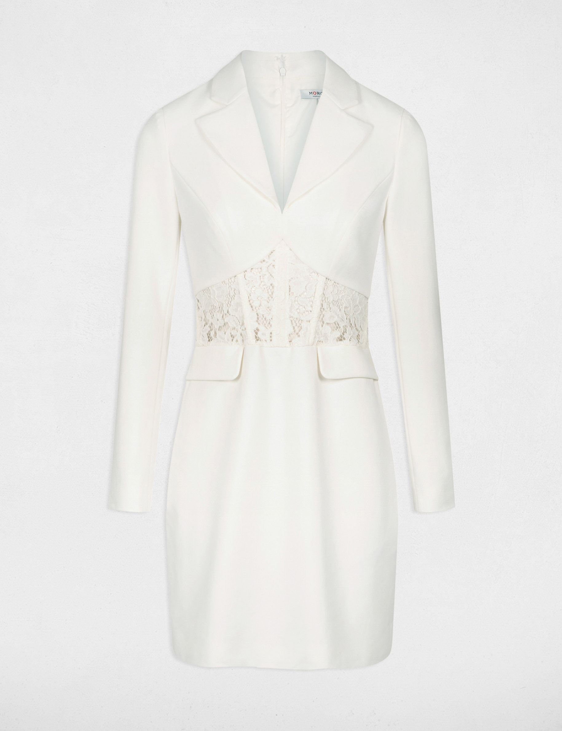 Robe courte ajustée à dentelle ecru femme