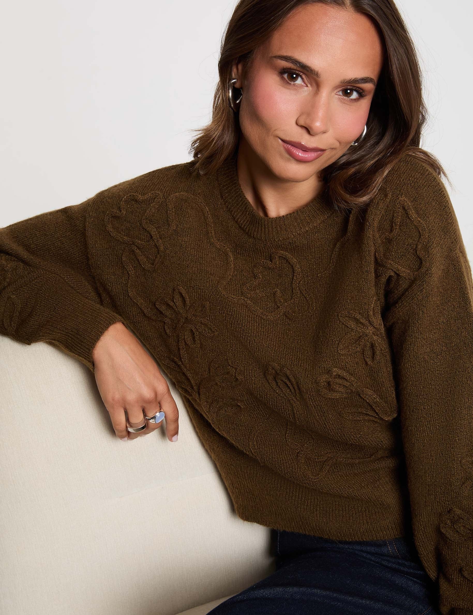 Pull col rond fantaisie vert kaki femme