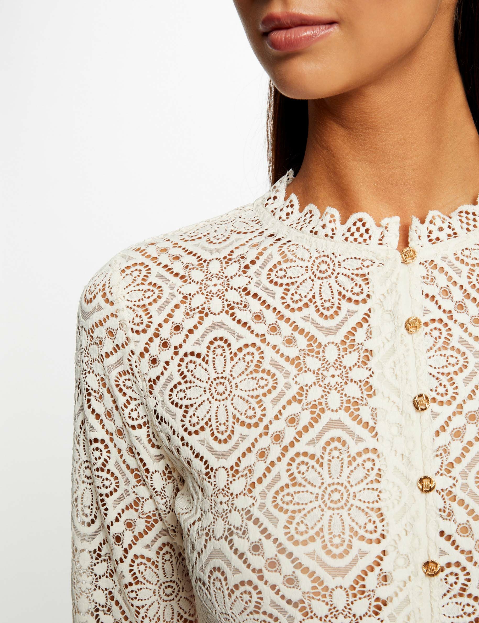 T-shirt Femme Manches Longues Dentelle Et Broderie - Style Décontracté élégant - Pour Quotidien Ou Soirée