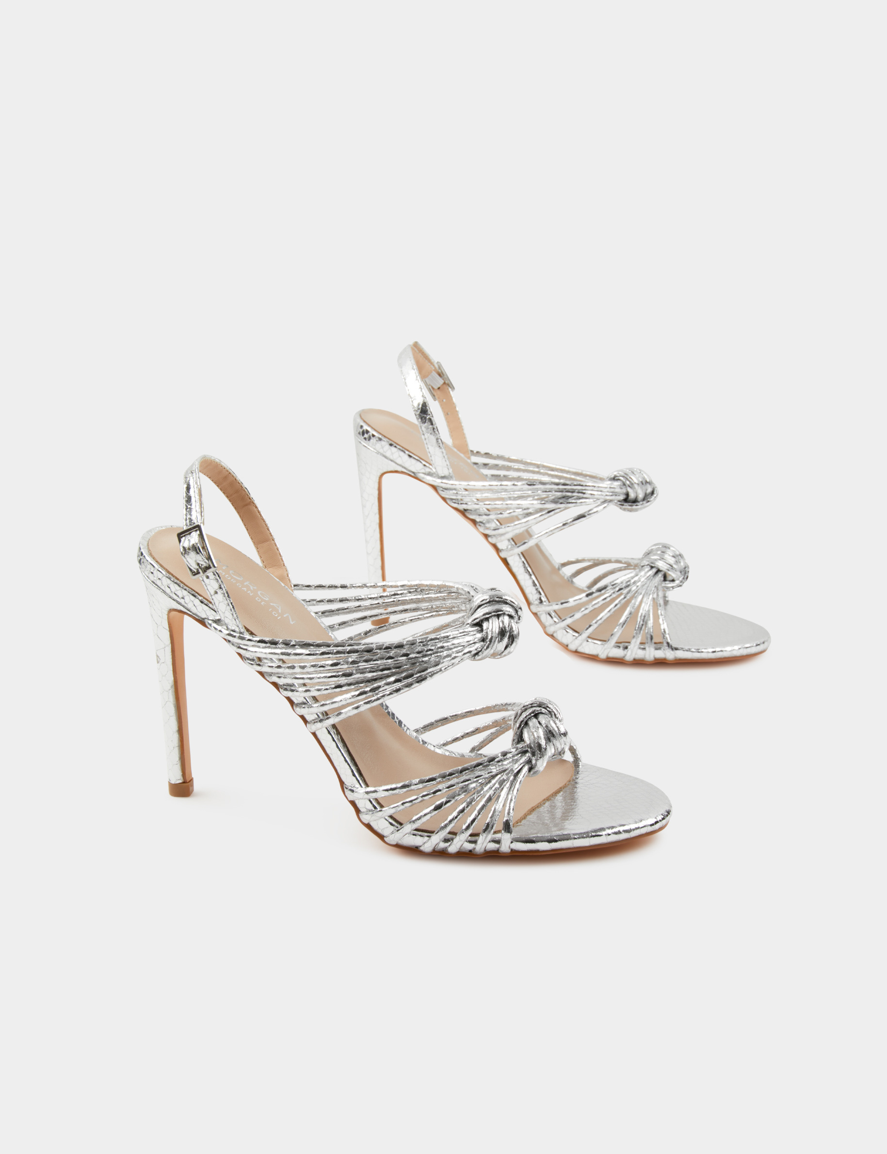 Sandales à talons avec brides nouées argente femme Sandales à talons avec brides nouées argente femme