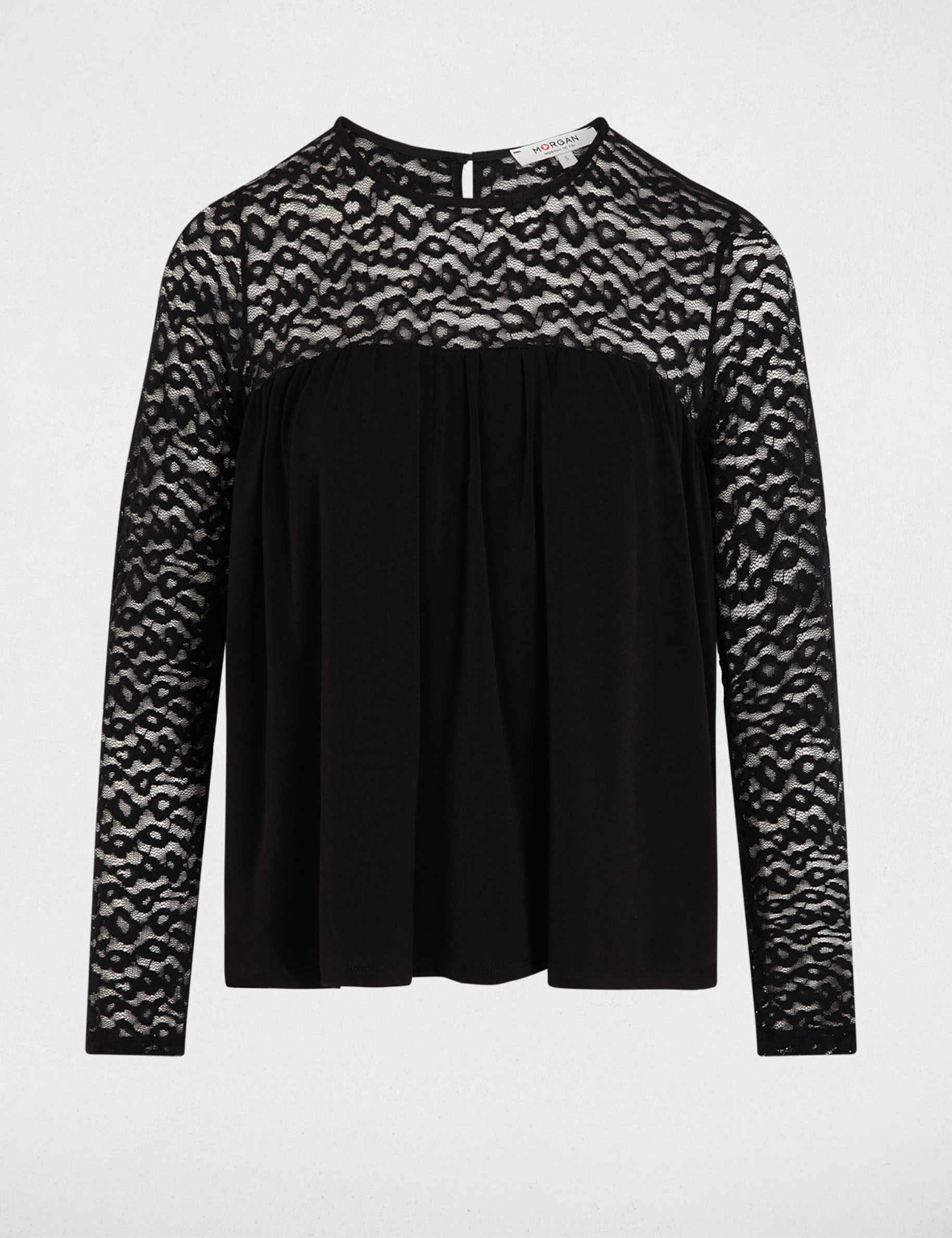 Tee-shirt Noir DESIGUAL Taille M - Manches Longues, Broderie Rouge Et Dentelle Au Dos - Occasion Très Bon État