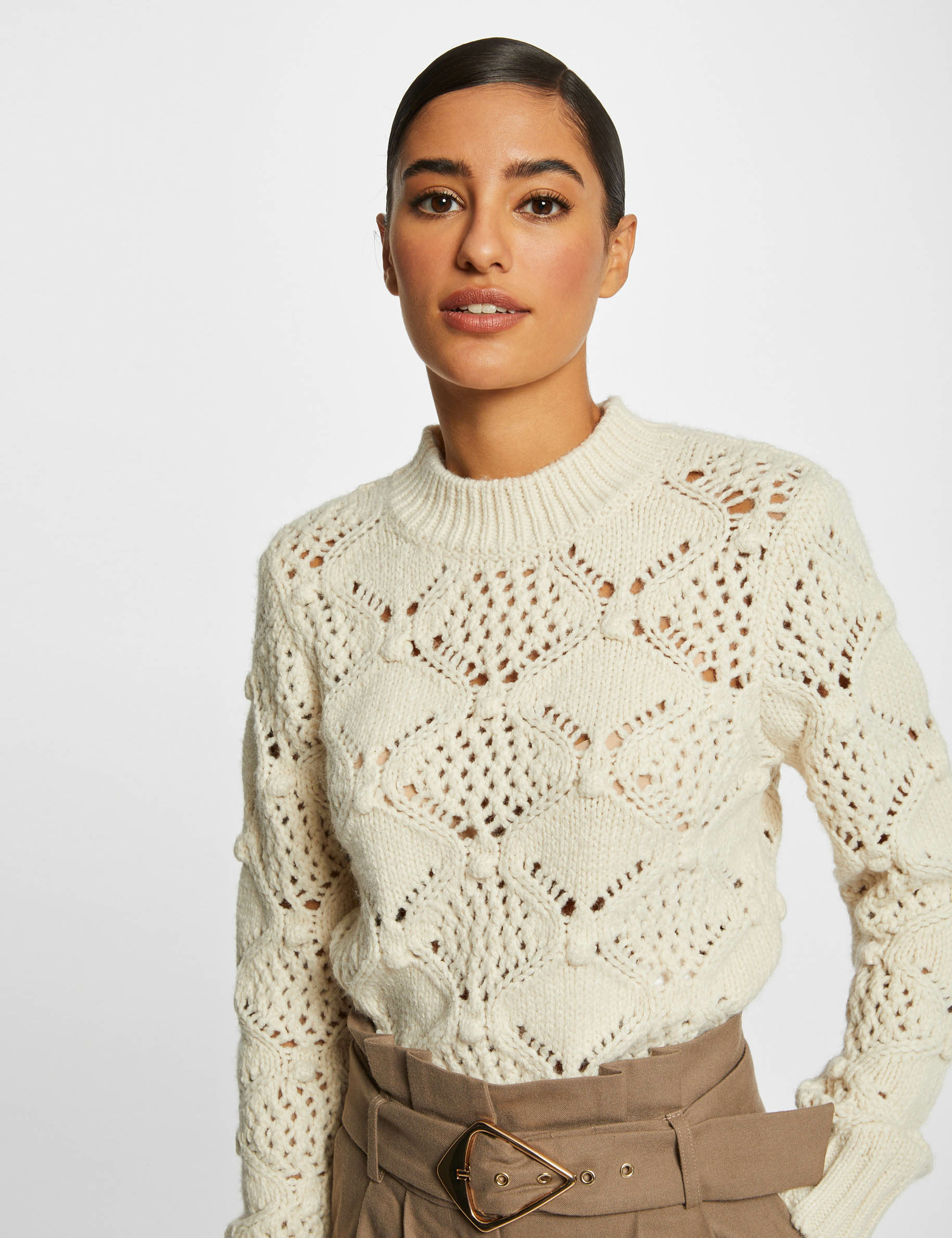 Pull manches longues à détails ajourés ivoire femme Pull manches longues à détails ajourés ivoire femme