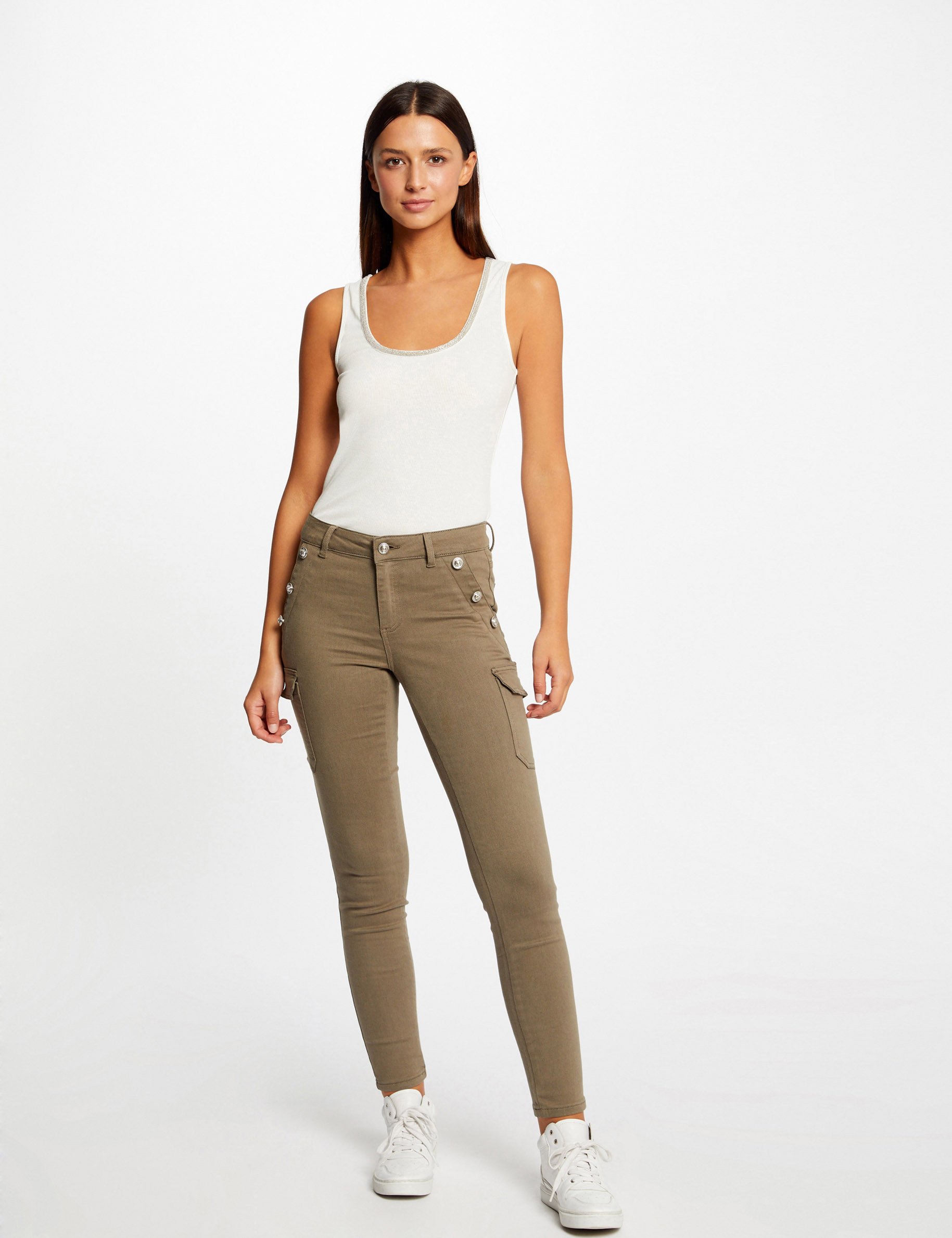 Jeans cargo skinny à ponts vert kaki femme