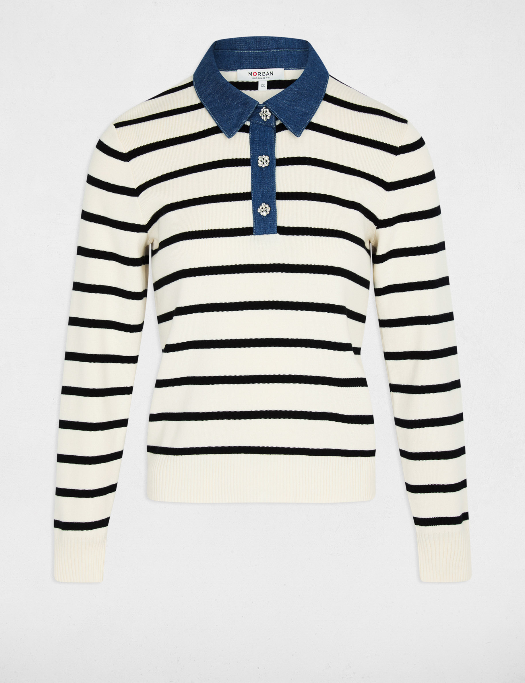 Pull ray&eacute; col &agrave; revers ivoire femme