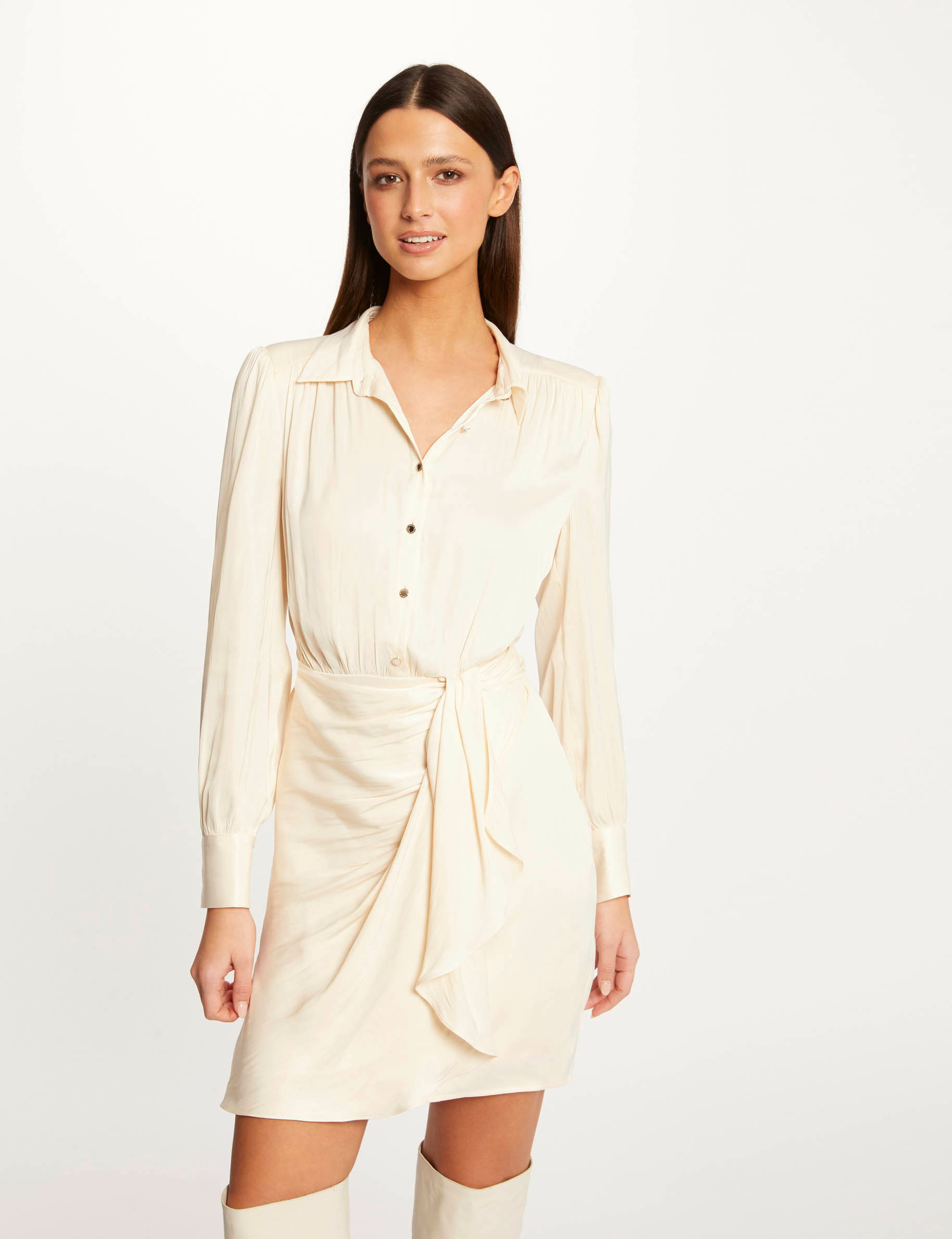 Robe droite drapée satinée ecru moyen femme Robe droite drapée satinée ecru moyen femme