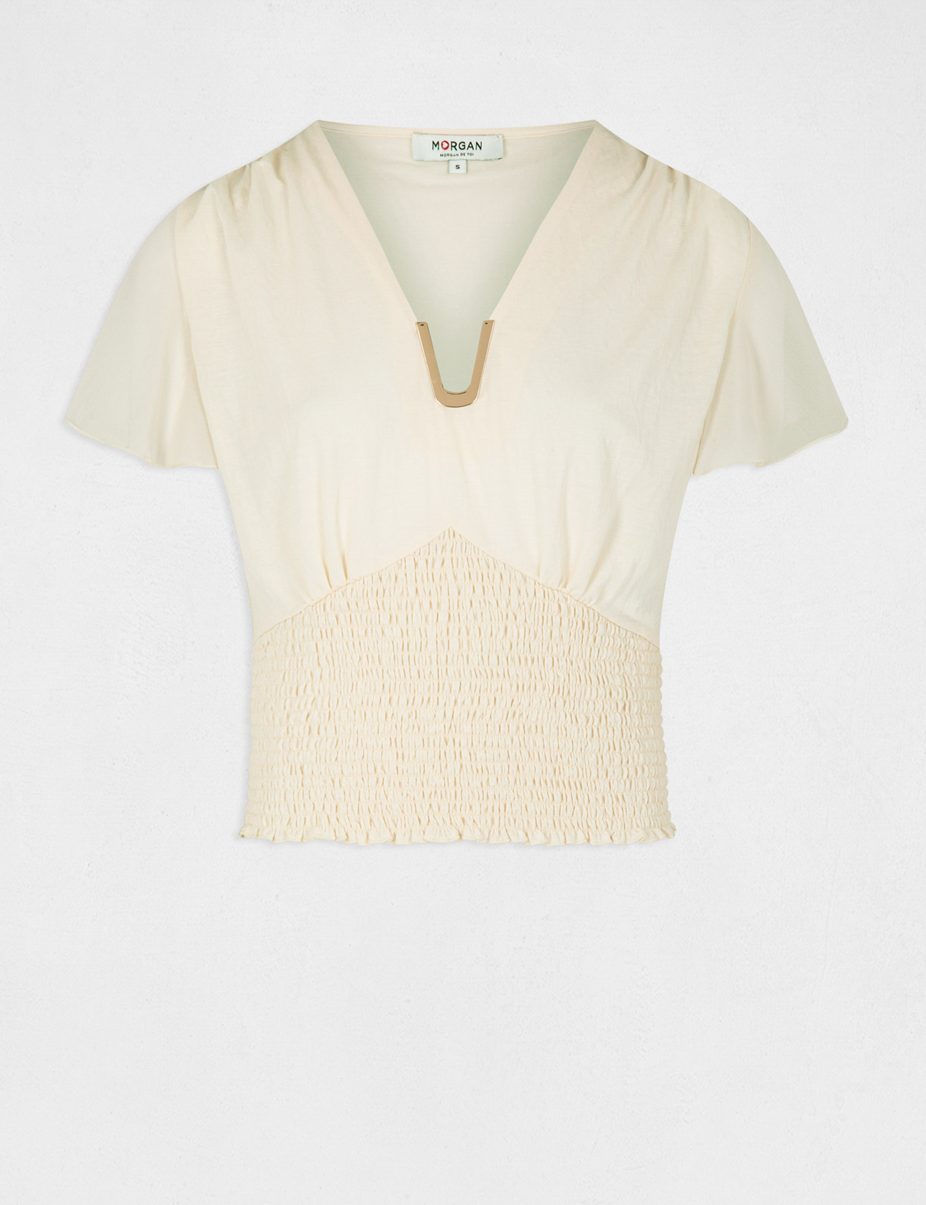 T-shirt manches courtes smocké ecru moyen femme T-shirt manches courtes smocké ecru moyen femme