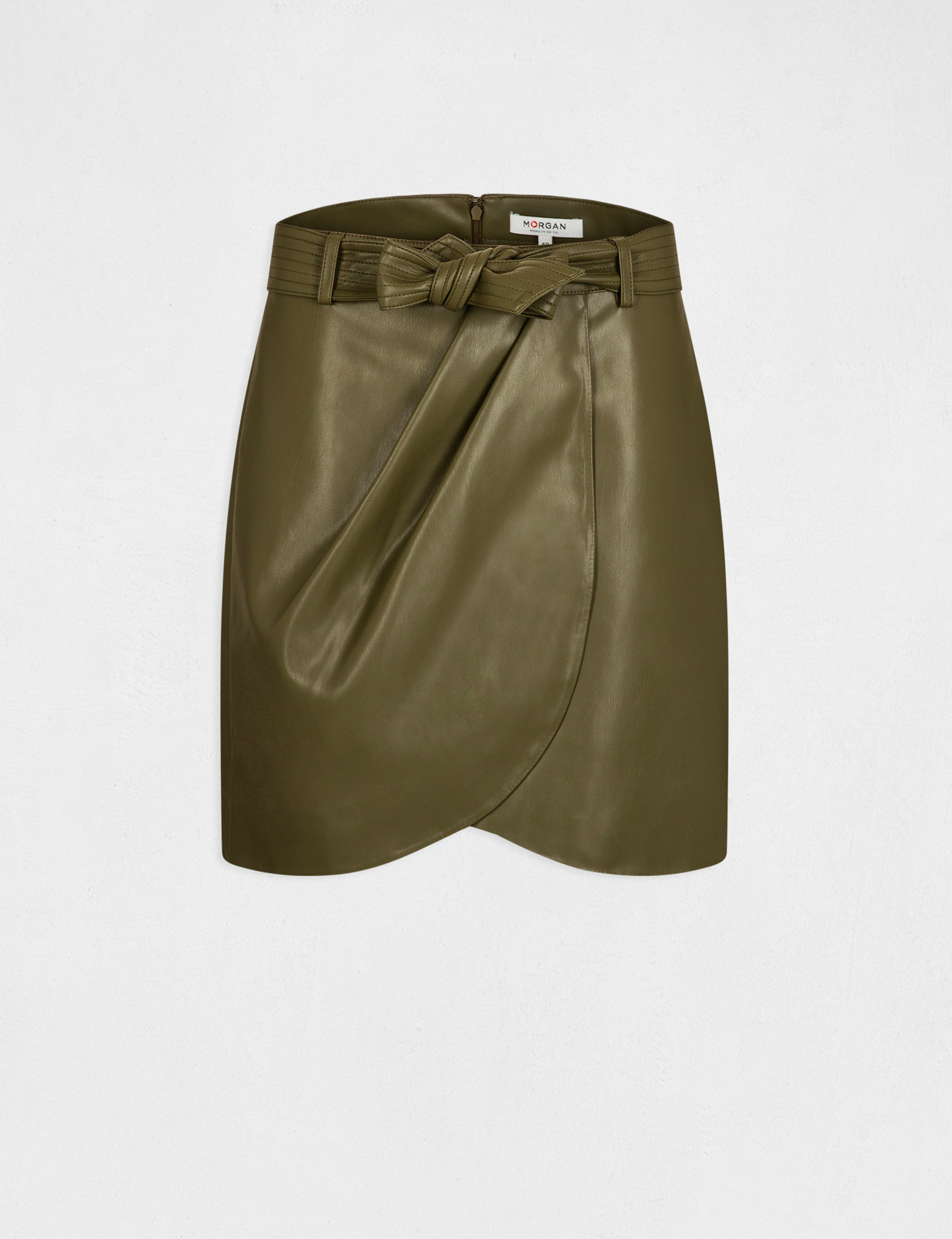Jupe droite ceinturée effet portefeuille vert kaki femme