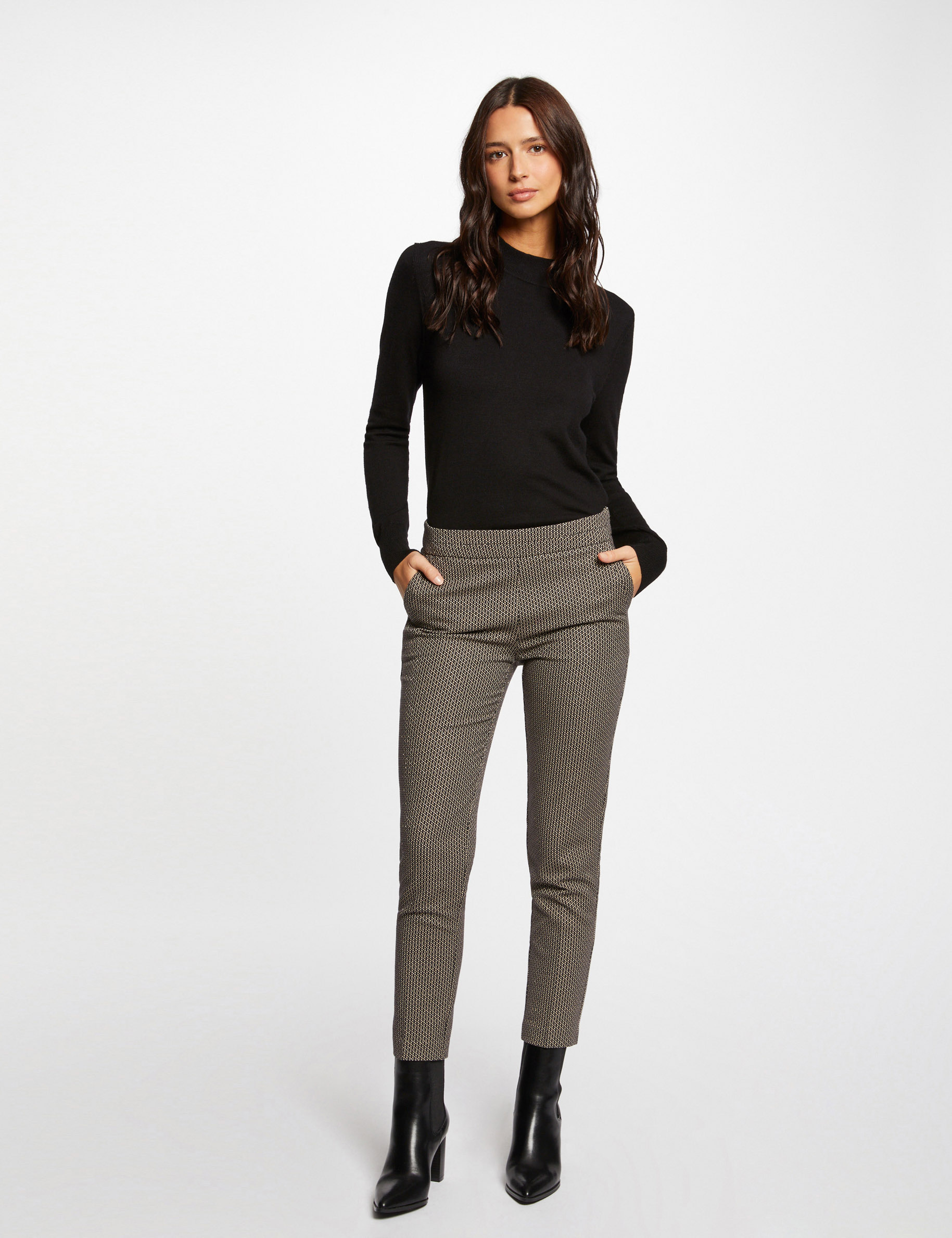 Pantalon cigarette imprimé géométrique noir femme