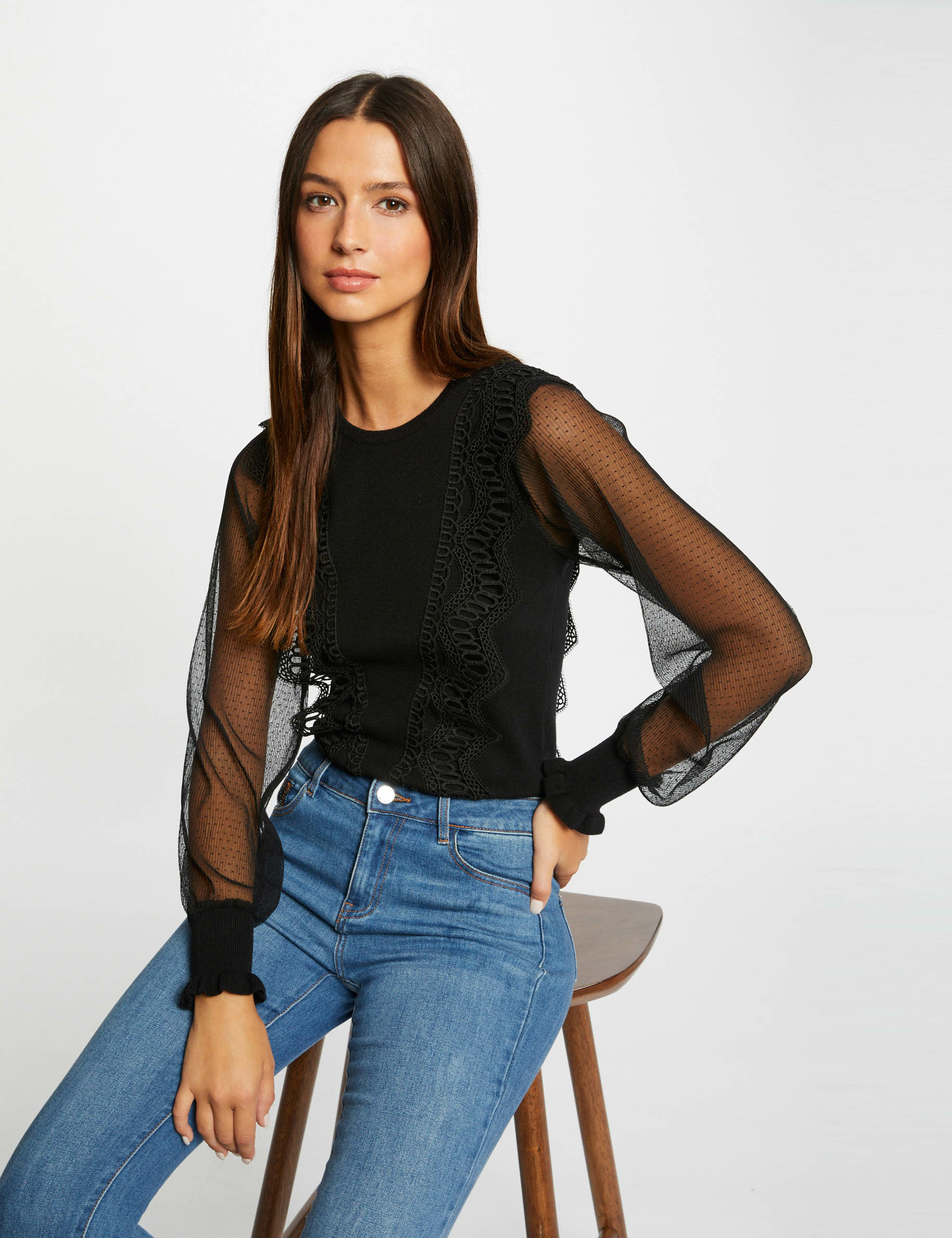 pull manches longues en plumetis noir femme Pull manches longues en plumetis noir femme