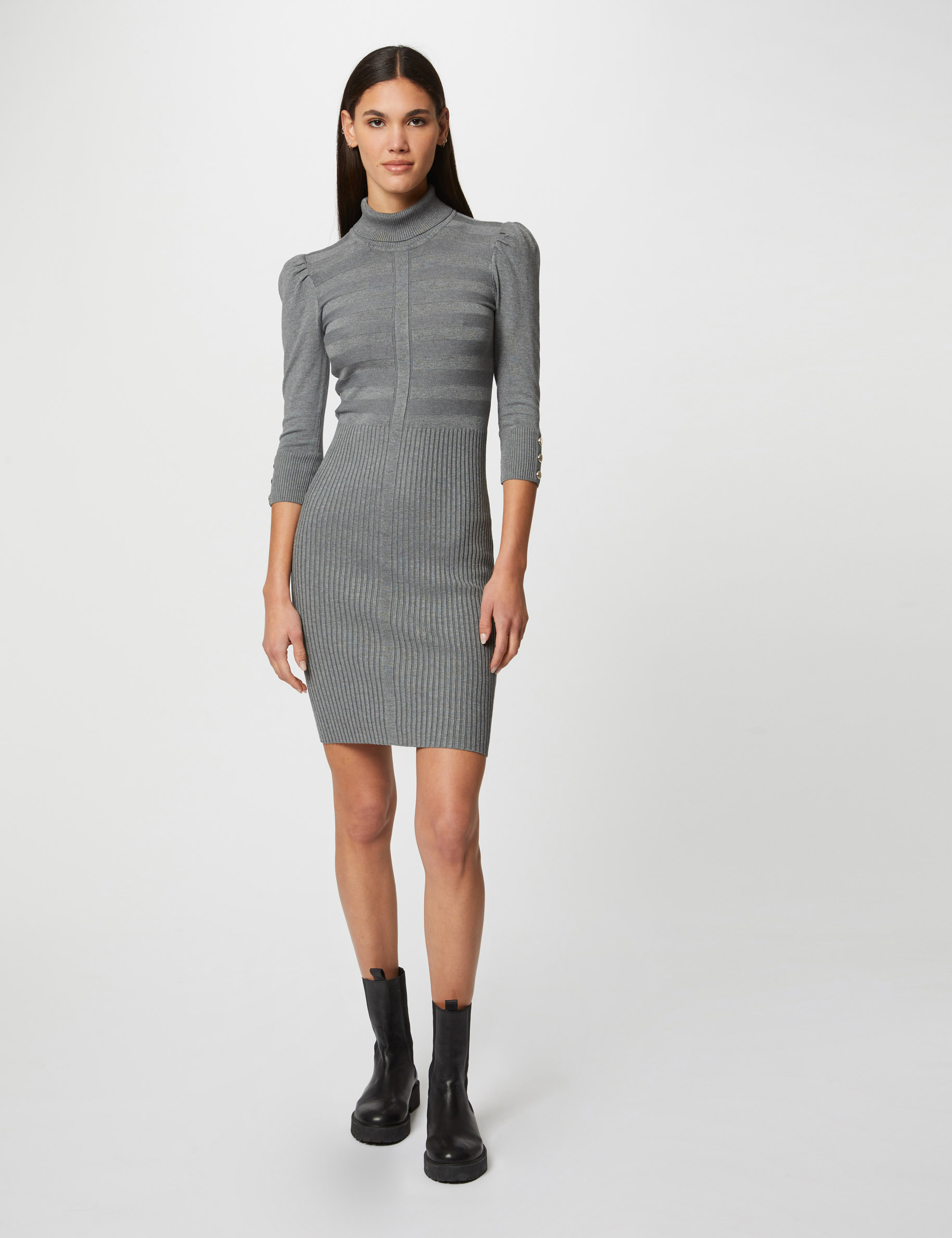 Robe pull ajust&eacute;e &agrave; col roul&eacute; gris fonc&eacute; femme