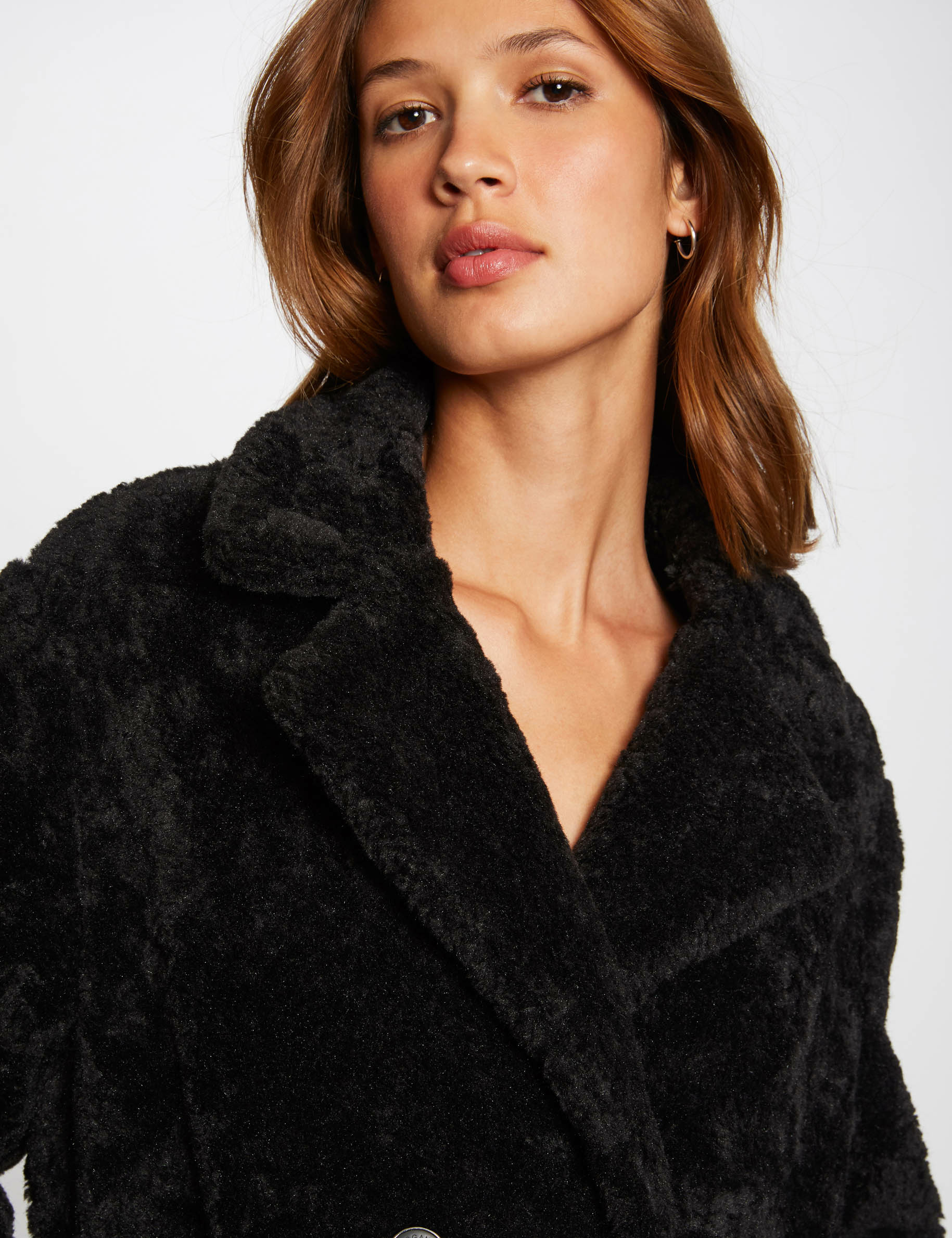 Manteau droit imitation fourrure noir femme Manteau droit imitation fourrure noir femme