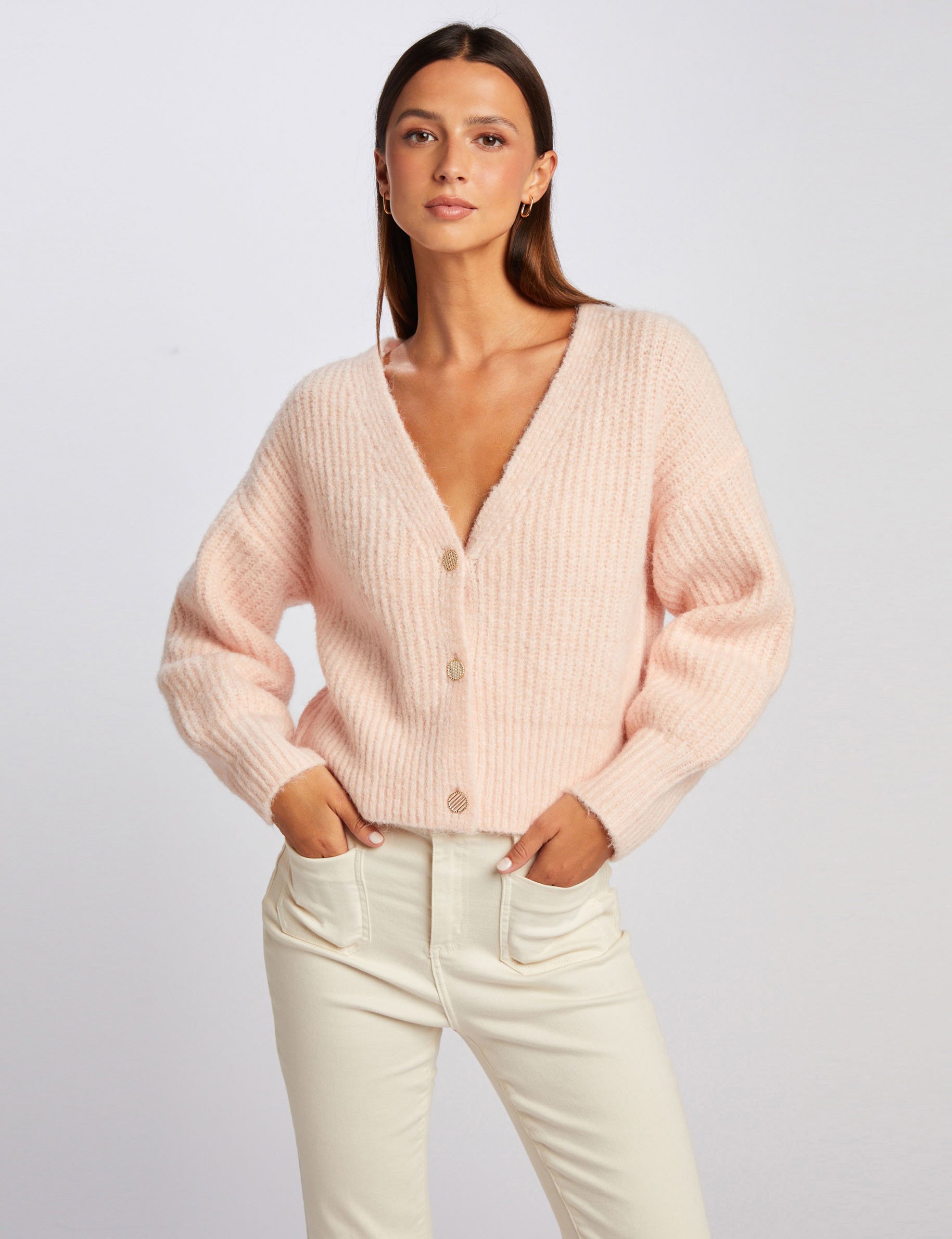 Gilet droit boutonné col en V rose femme