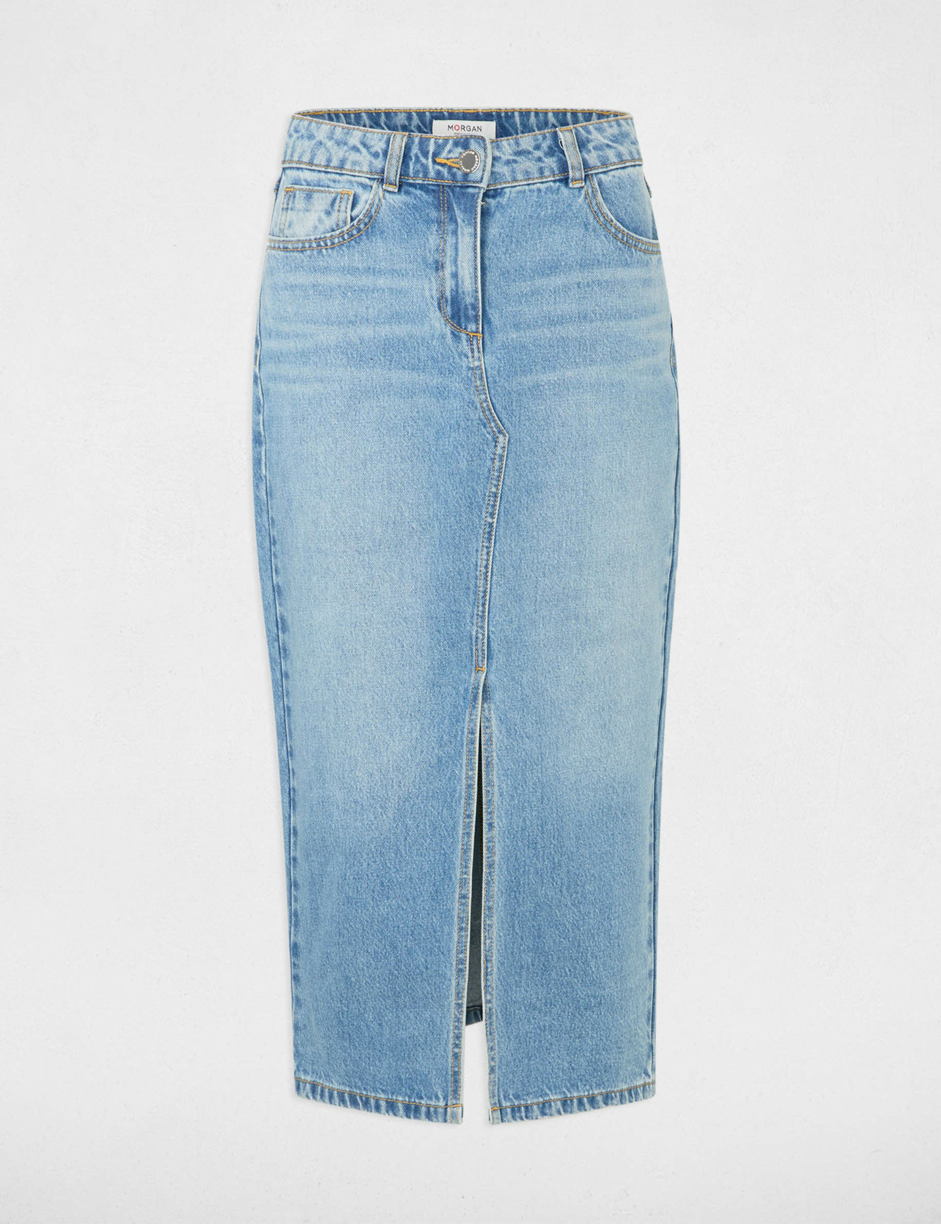Jupe Midi Droite En Jean Denim Stone Femme Morgan