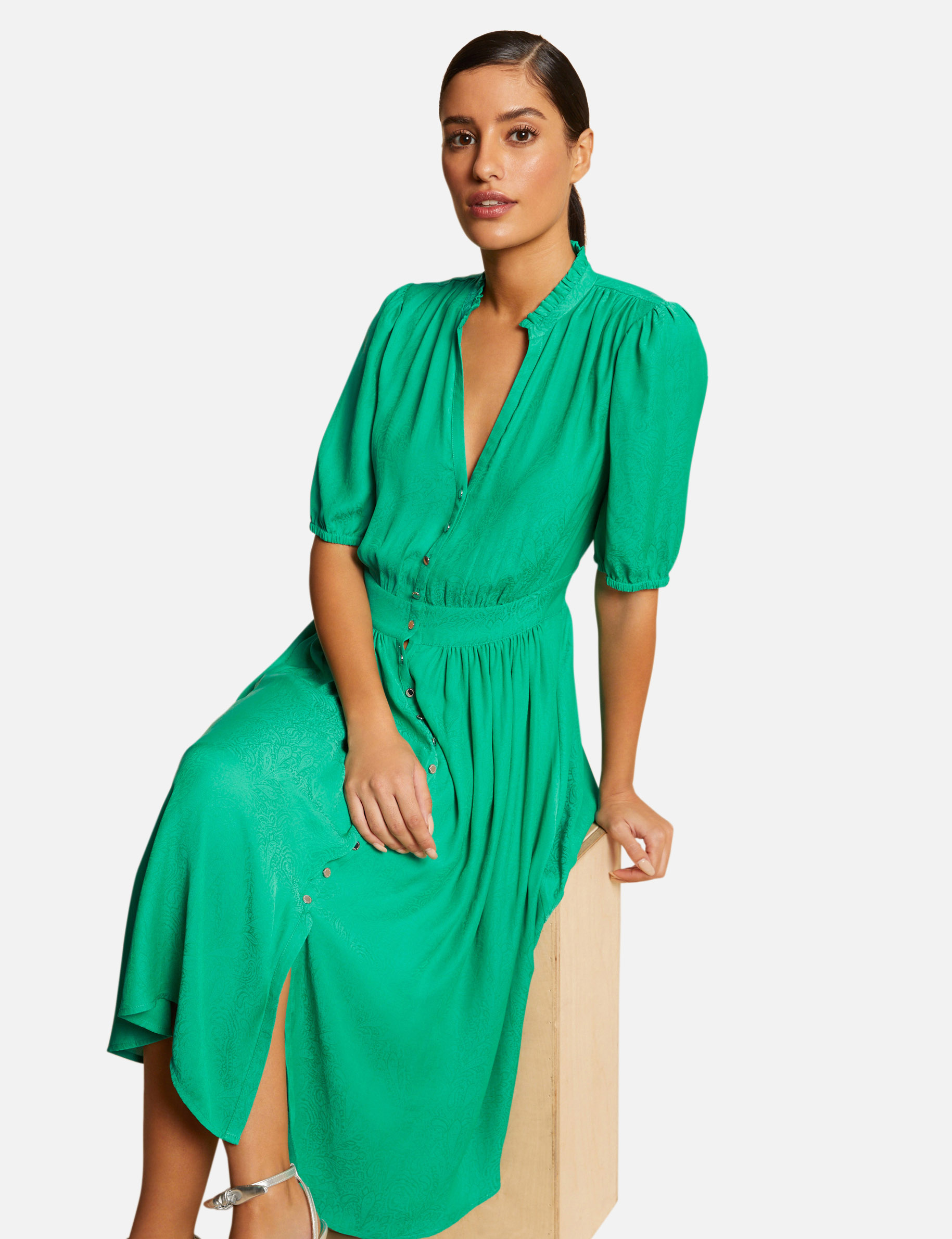 Robe midi évasée imprimé cachemire vert moyen femme Robe midi évasée imprimé cachemire vert moyen femme