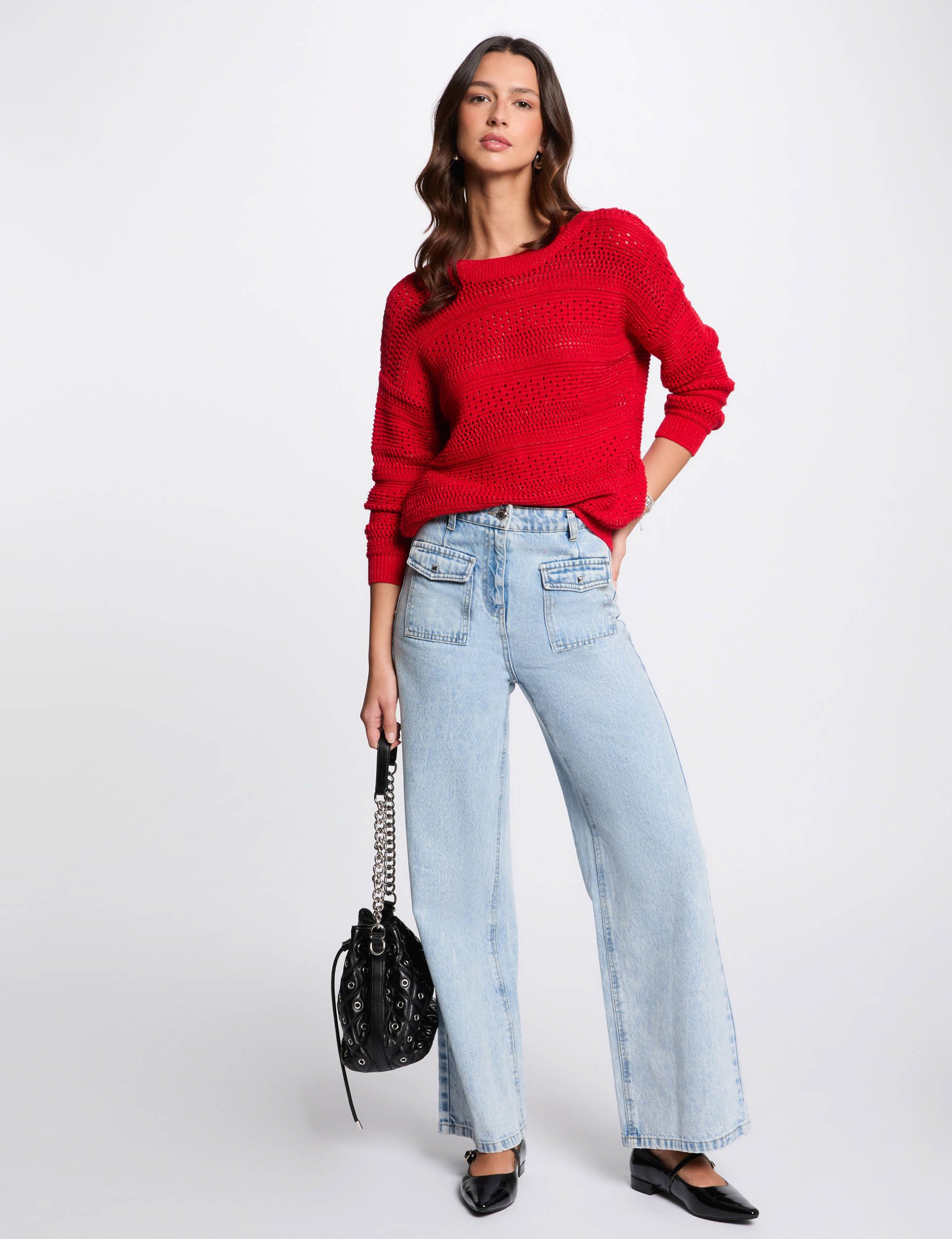 Pull manches longues ajouré rouge femme