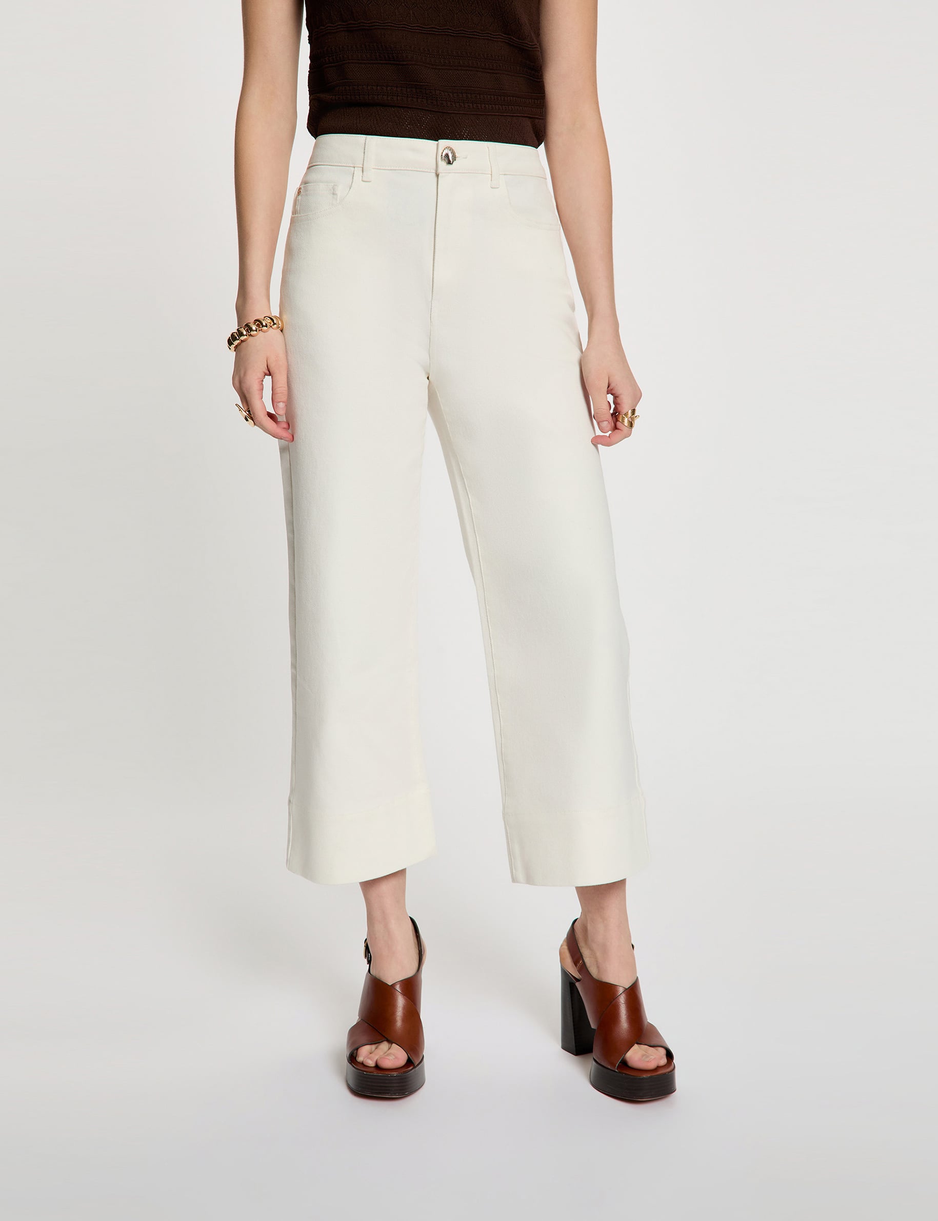 Pantacourt large taille haute blanc femme