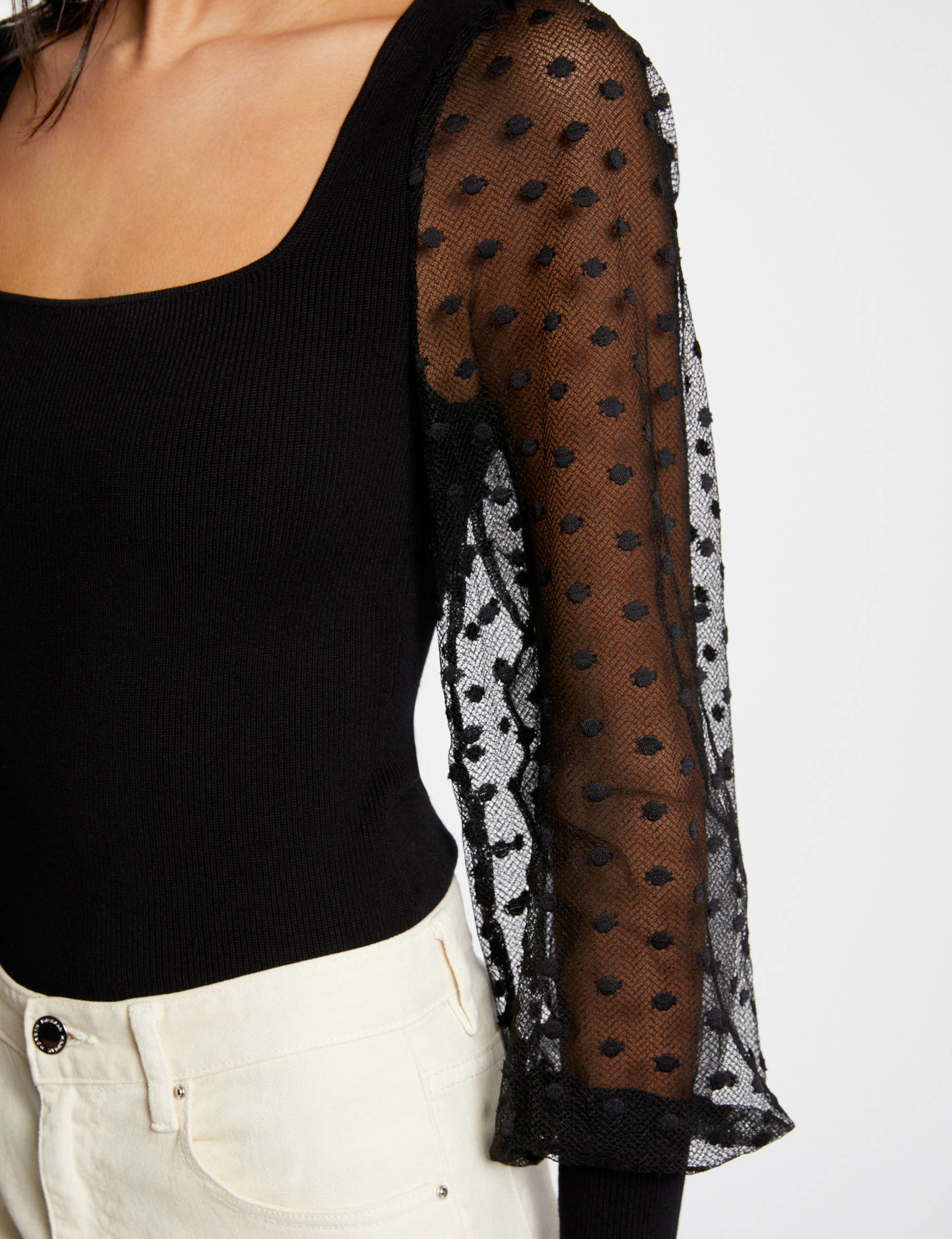 Pull manches longues à plumetis noir femme