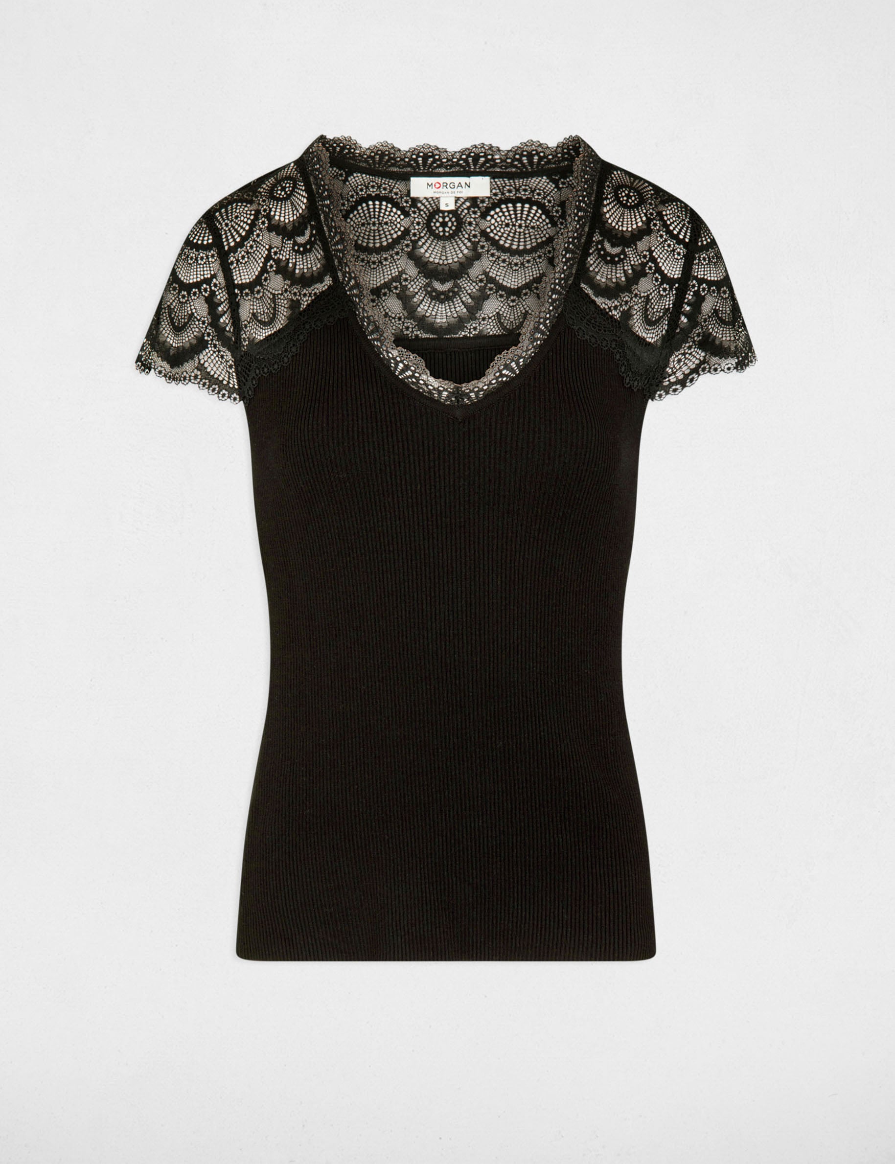 Pull manches courtes dentelle noir femme
