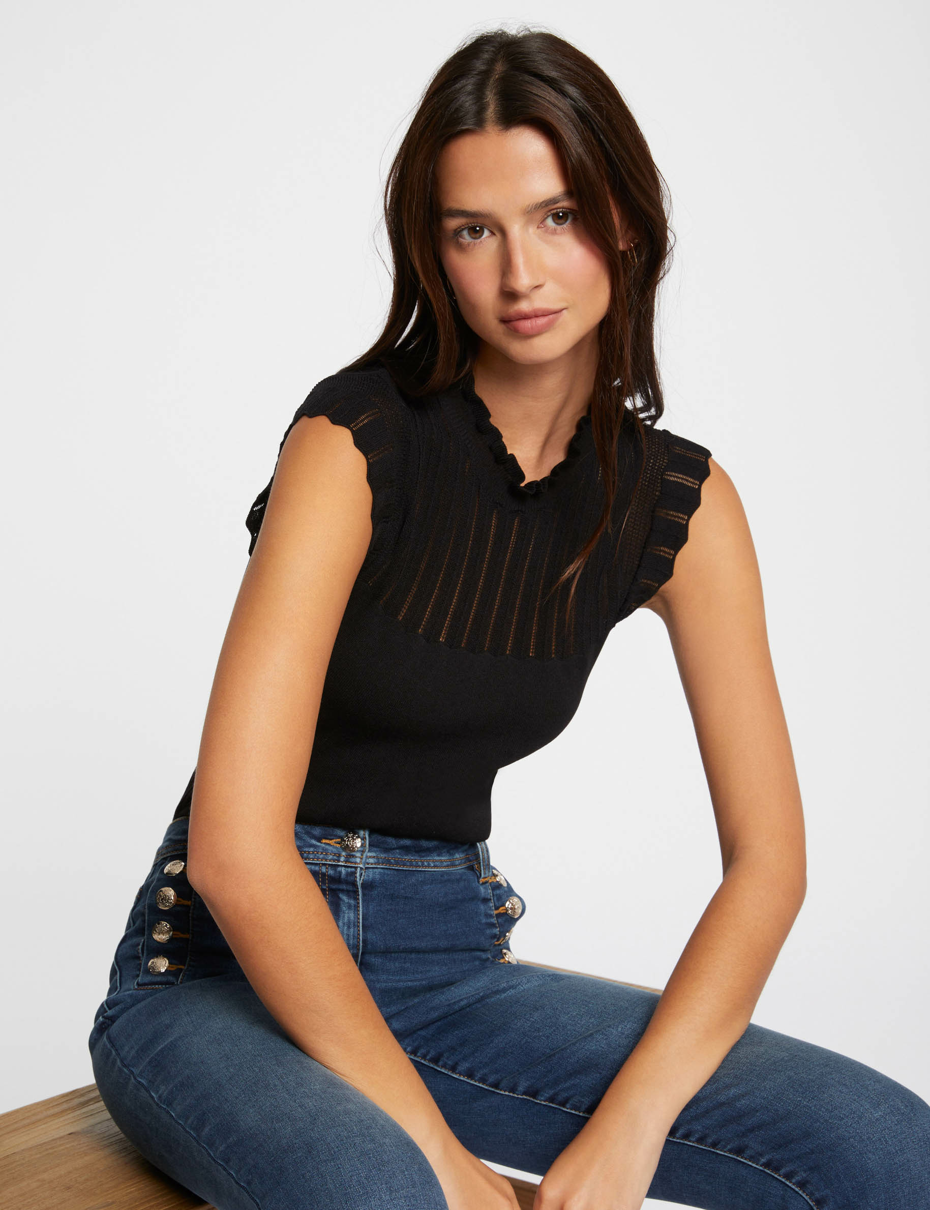 Pull femme noir en viscose col rond à manches bouffantes - PHUKET
