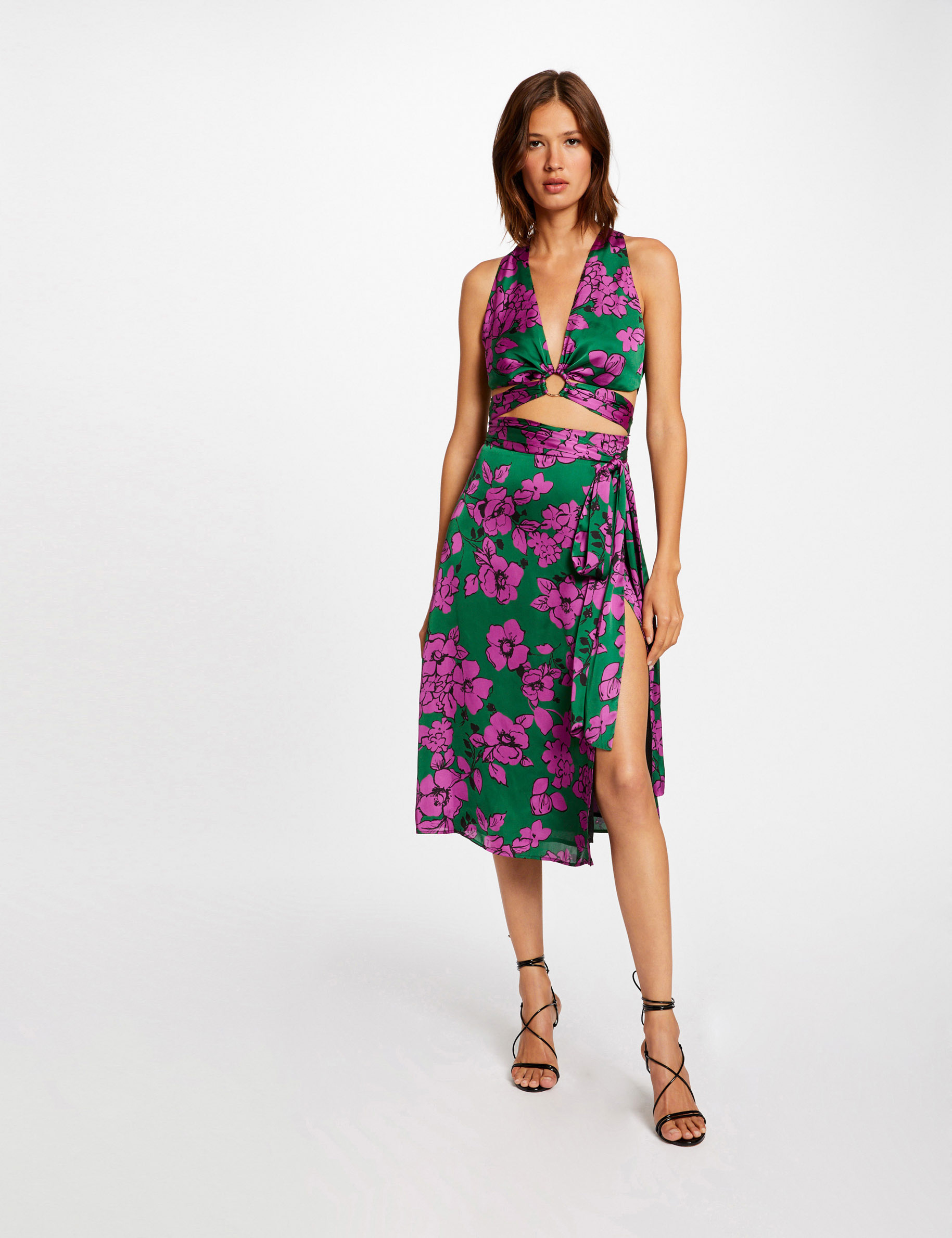 robe ajustee fendue imprime floral violet femme Robe ajustée fendue imprimé floral violet femme