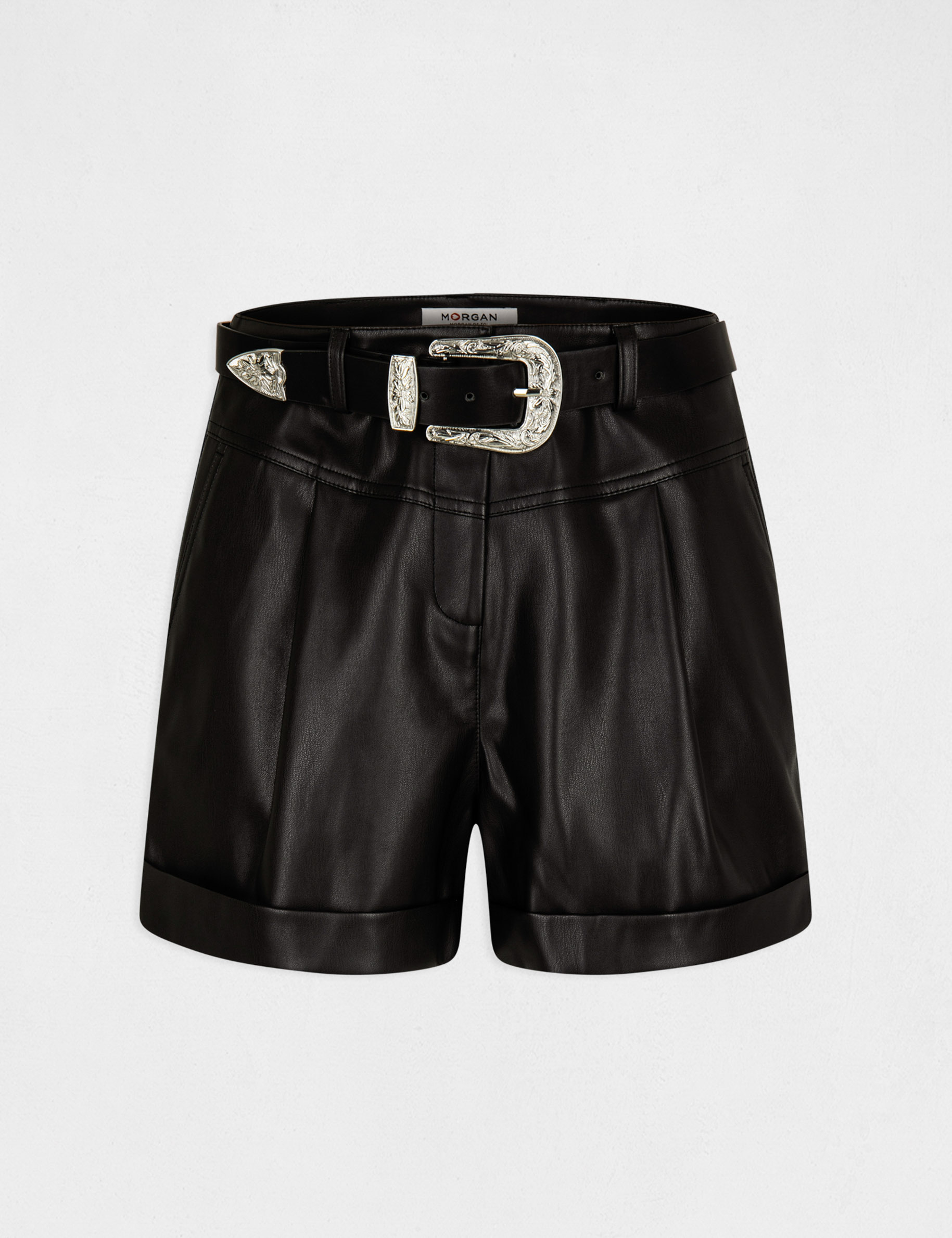 Short paperbag ceinturé simili cuir noir femme