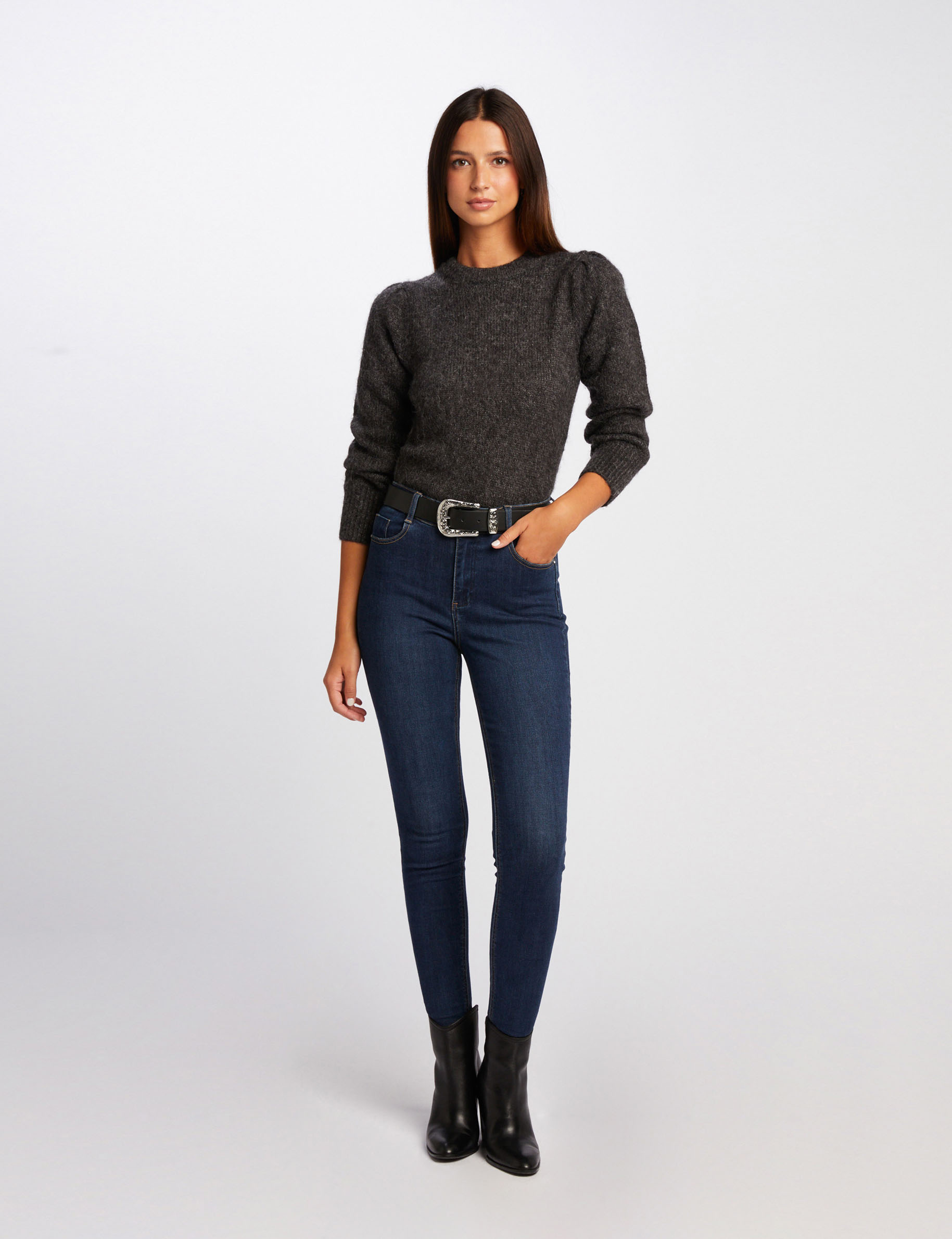 pull manches longues col rond gris anthracite femme Pull manches longues col rond gris anthracite femme