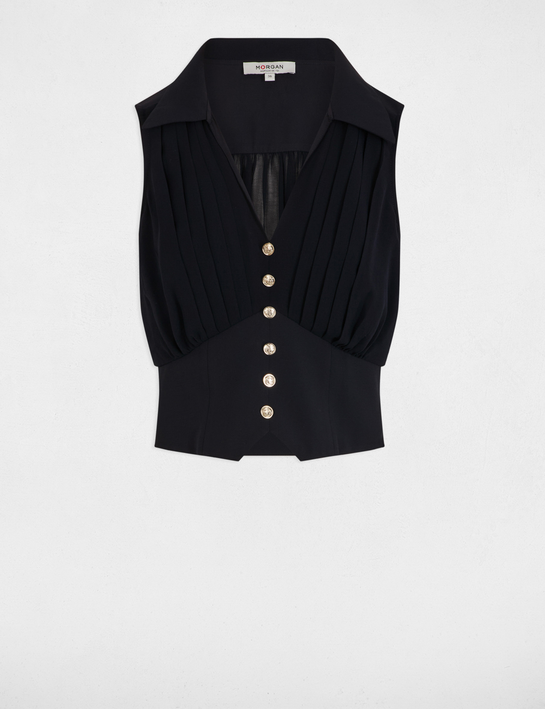 Top pliss&eacute; sans manches bleu marine femme