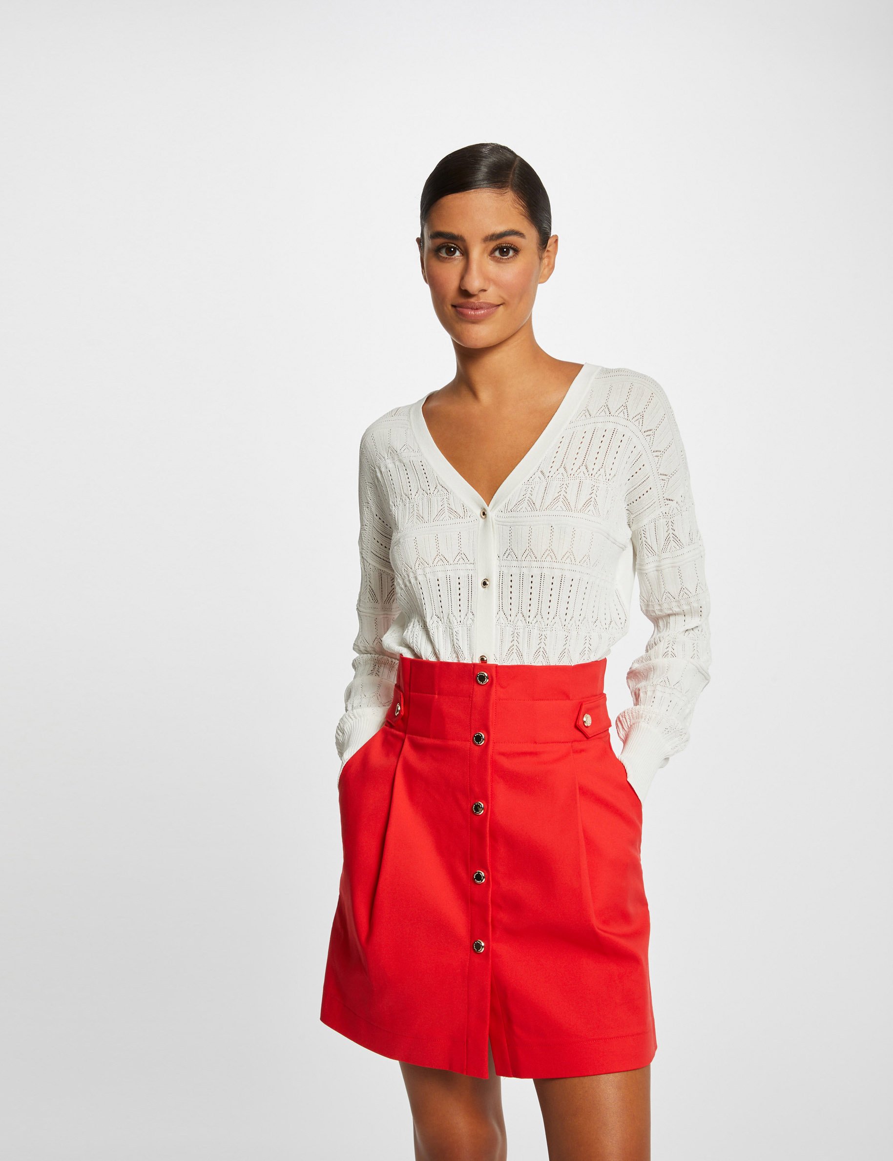 Jupe droite taille haute boutonnée rouge femme