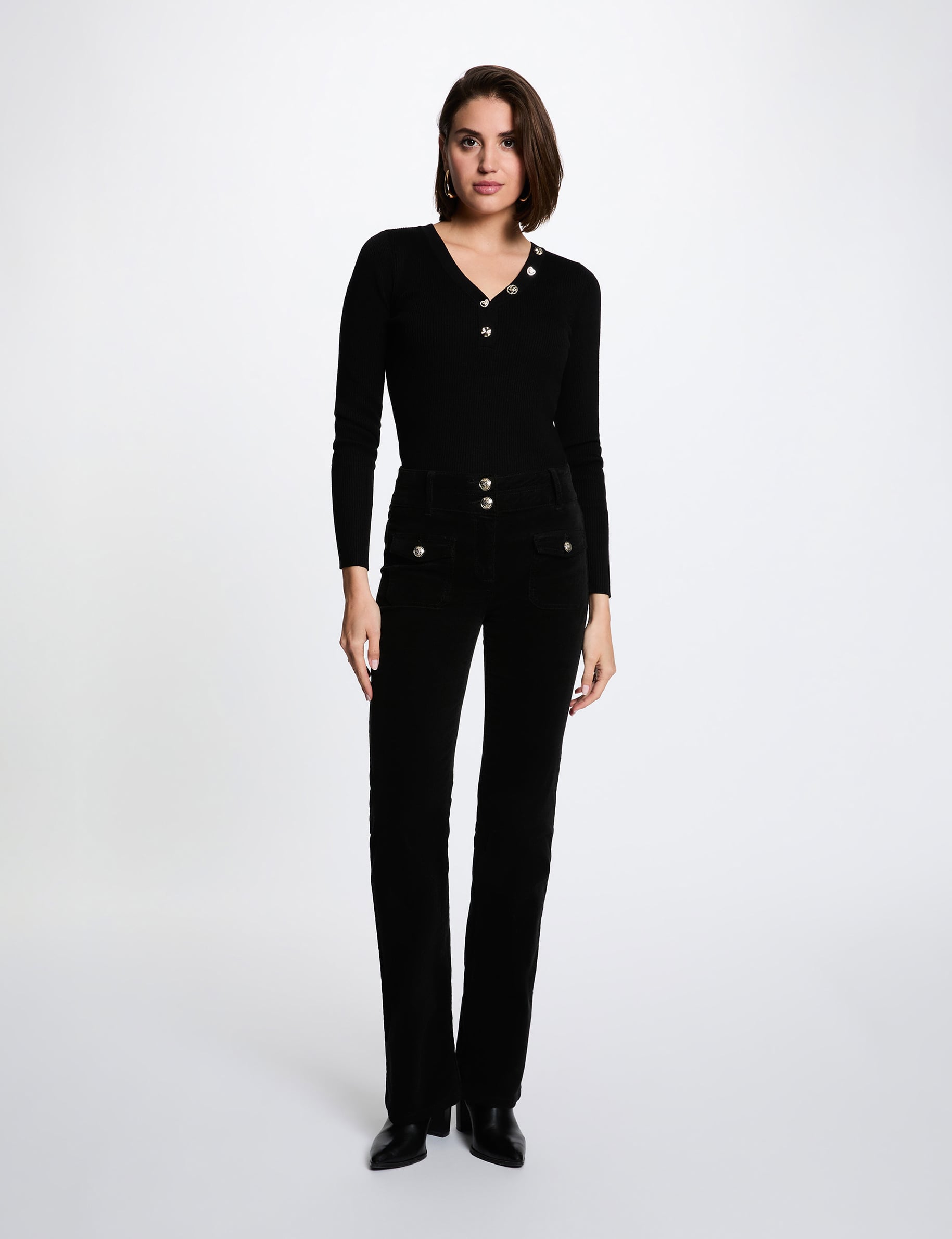 Pull col v fantaisie noir femme