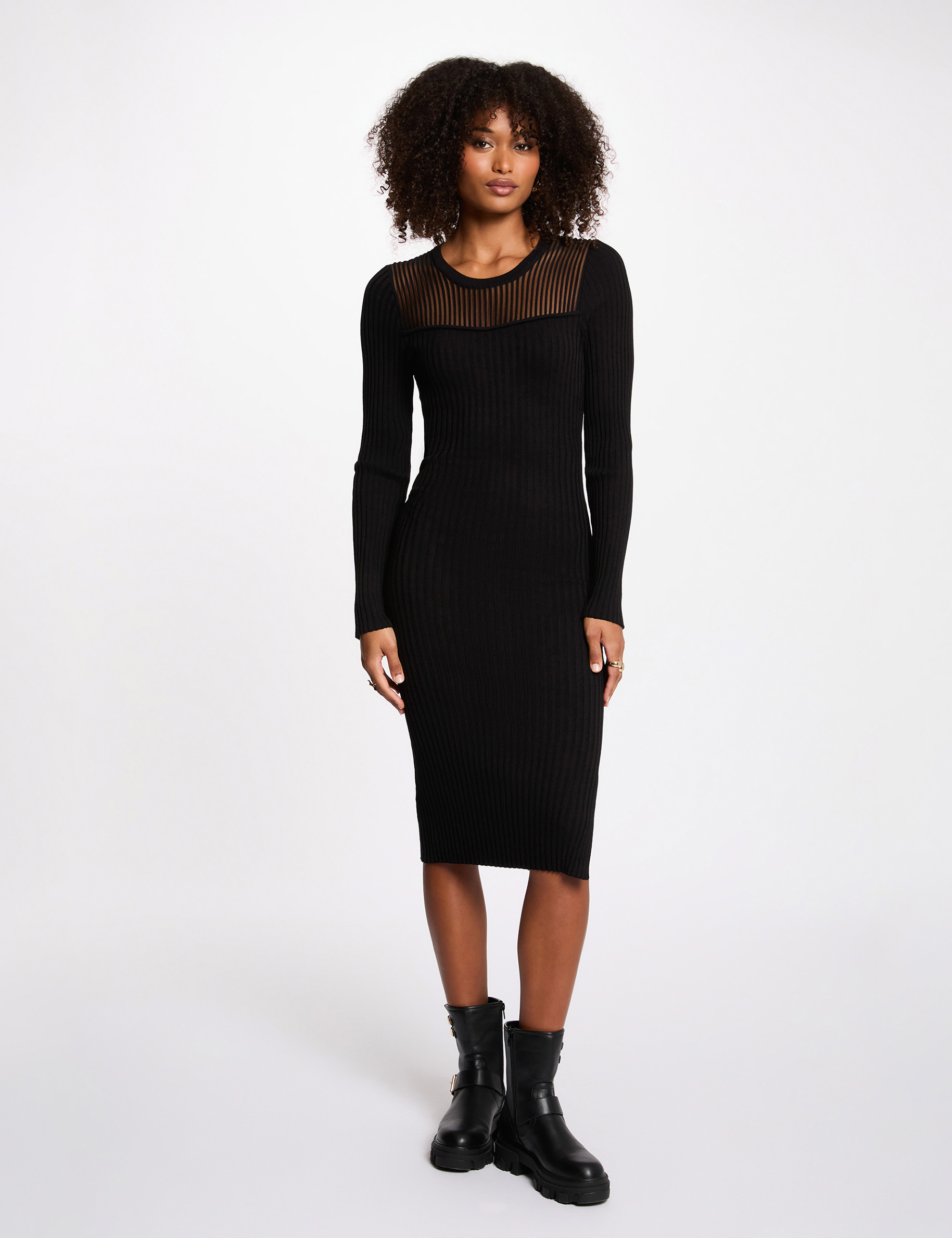 Robe tricot longue ajust&eacute;e noir femme