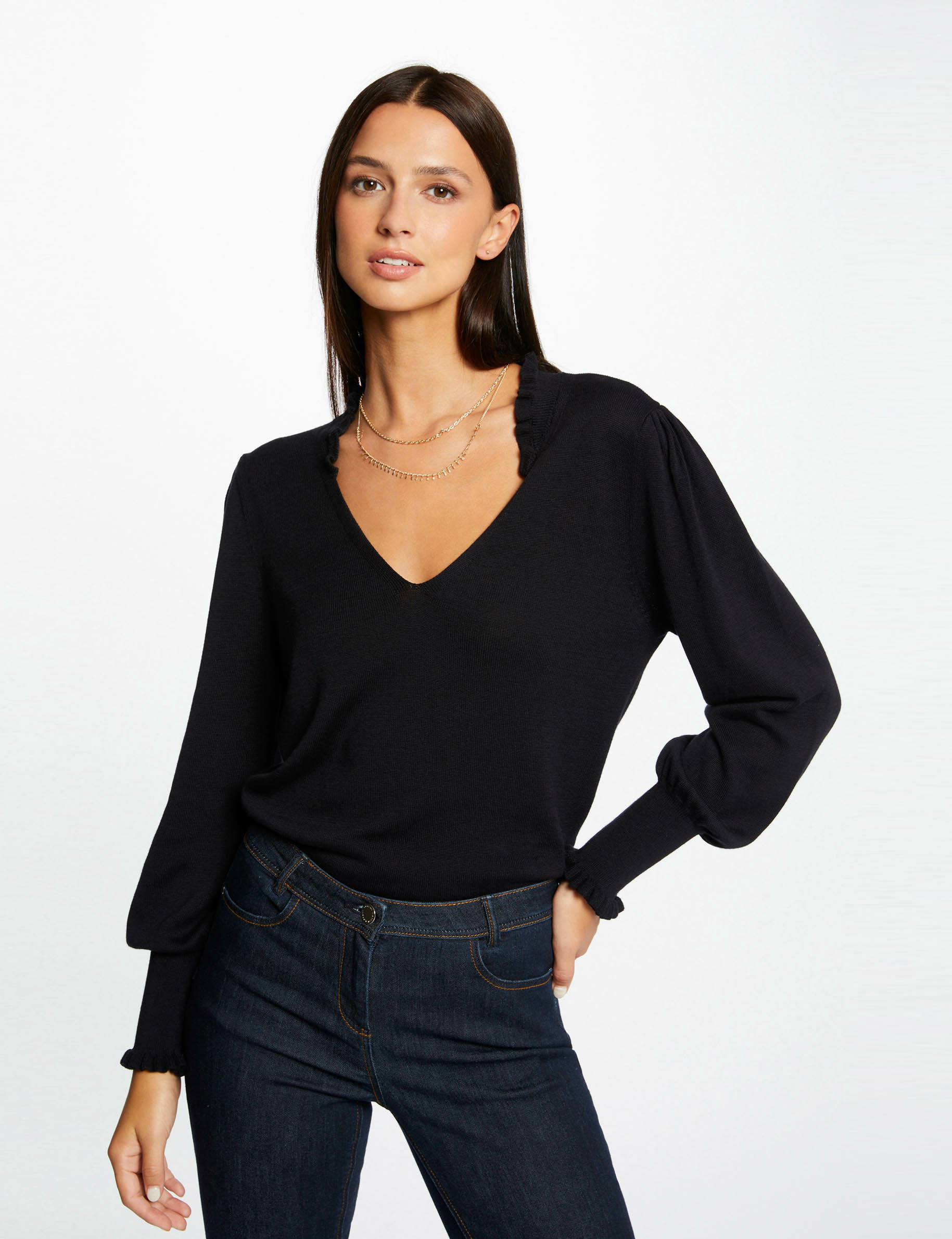 pull manches longues avec volants marine femme Pull manches longues avec volants marine femme