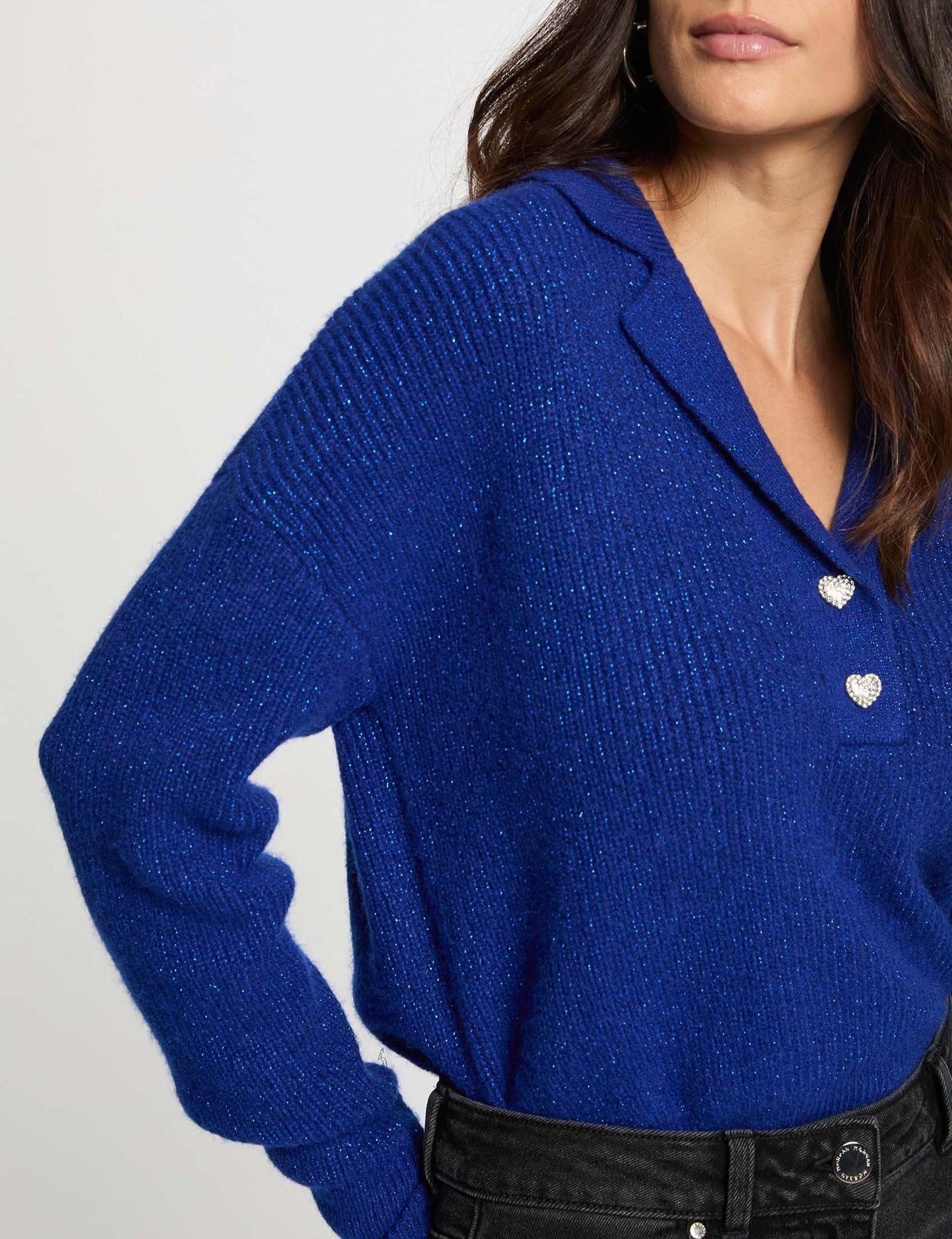 Pull court col à revers bleu pétrole femme Morgan